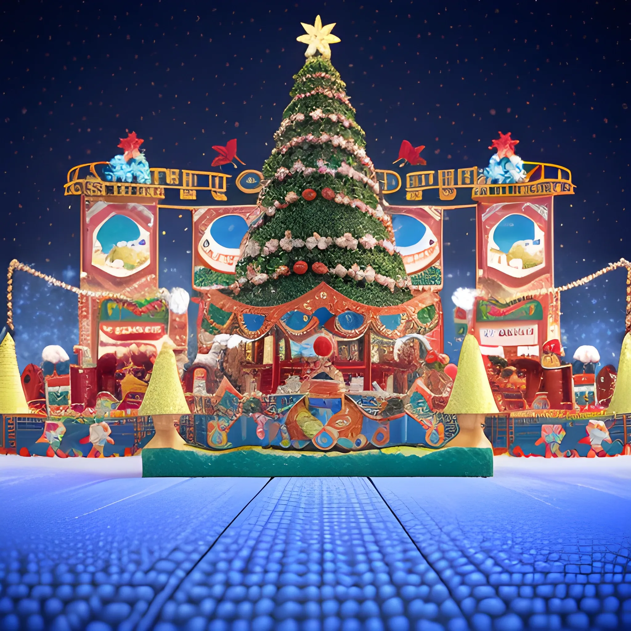 a ground support stage for 1 thousand people, for a christmas carnival in high resolution focused in detail and textures in color blue and gold with depth of field front view, 3D, 3D, Cartoon