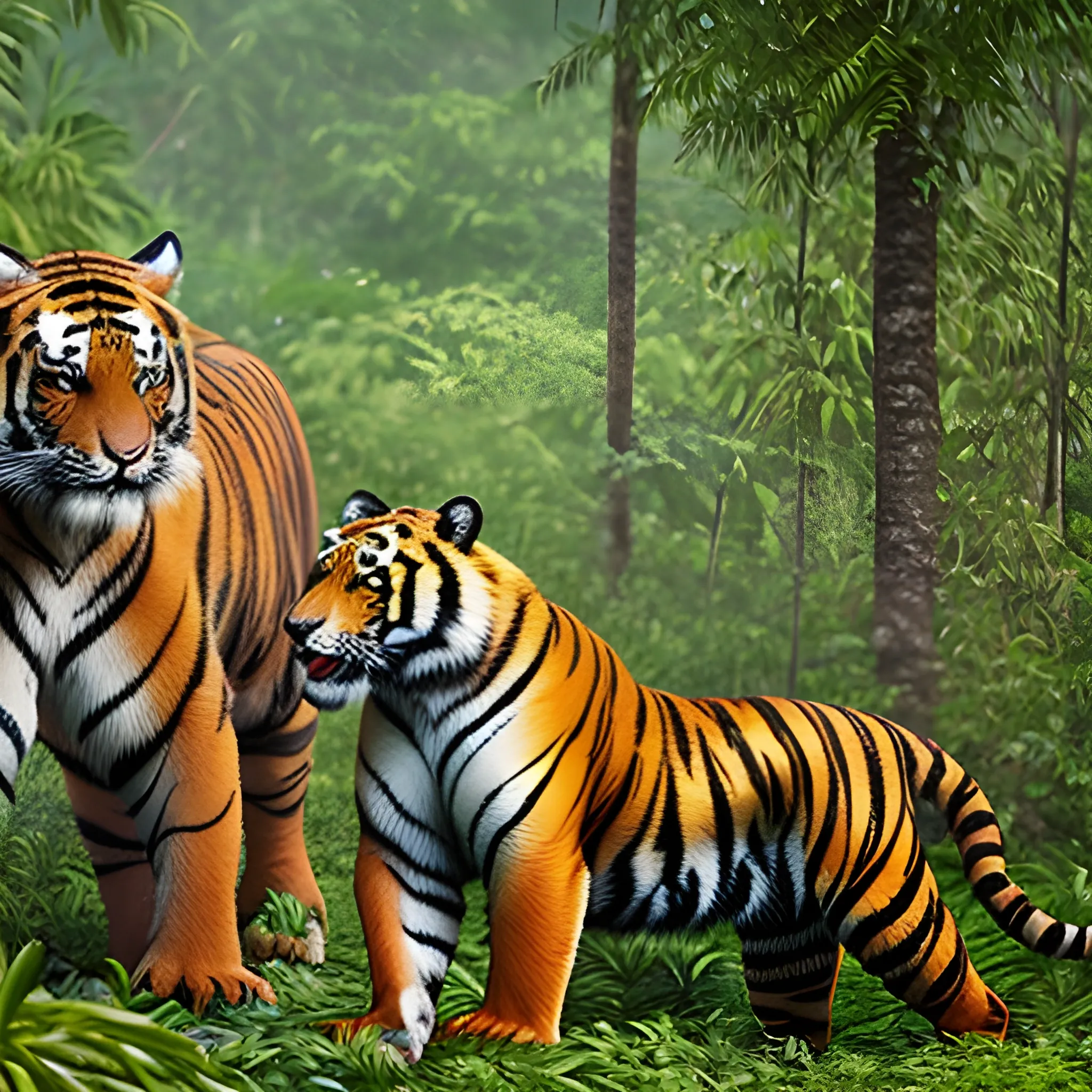 a tiger and a bear in the middle of the jungle, taken with Sigma 150-600mm f/5-6.3 DG OS HSM lenses, ultra-detailed and hyper-realistic photography --ar 1:2