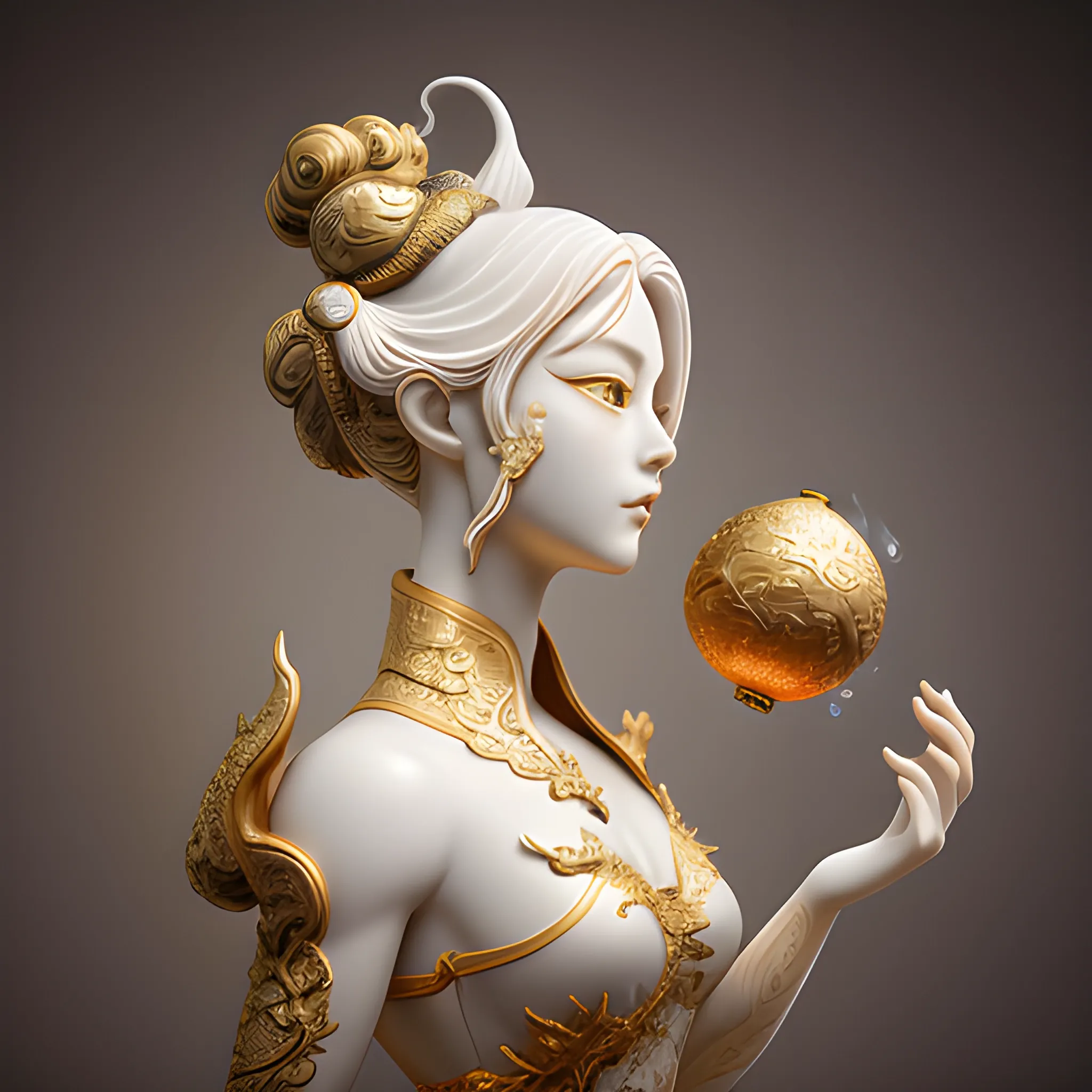 pretty and coquettish, Tradition Chinese Ink Painting, dragon, high angle view, octane render, sculpture statue (porcelain white:1. 2) and (gold:1. 1) marble, PBR, physically based materials, Intricate detail, ultra high details, intricately detailed patterns, cherry tree petals, Cinematic lighting, 16k, photobashing, opulent fabrics, ue5, studio lighting, portrait photography, ultra high definition, depth of field, gold flakes in the air, sparks raining from the sky, long beard, long whiskers, beautiful scales, detail beyond comprehension, simple background, coils in the background that are blurred