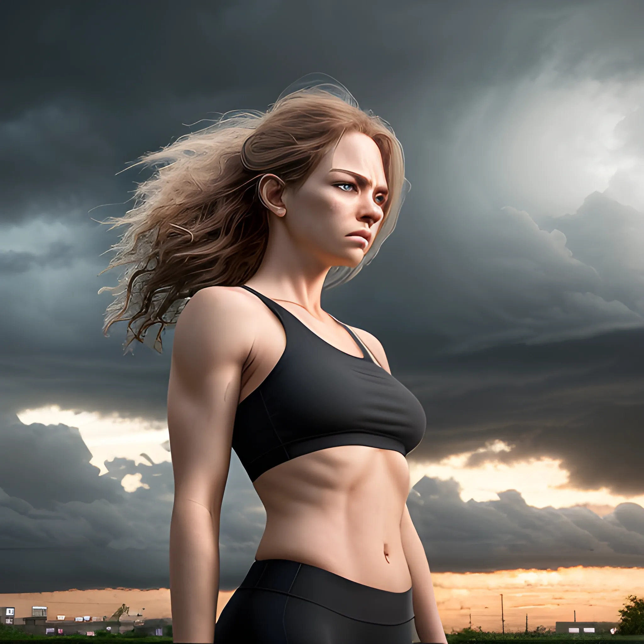 Ultra-realistic photograph of      with a dynamic expression, captured with a Fujifilm GFX 100 and a 110mm f/2 lens. Photo realism, balanced studio lighting, capturing the drama and emotion in her intense gaze. Taken far from urban distractions, against the backdrop of a stormy sky. The intensity of her gaze mirrored in the brooding storm clouds. 8K resolution, HDR, highly detailed, RTX, cinematic lighting, Unreal Engine. --ar 2:3 --s 200 50mm film shot of full body of  Very Soft light. Dawn. Sunrise. top and high - waisted yoga - shorts --ar 9:16 --q 2 --s 750