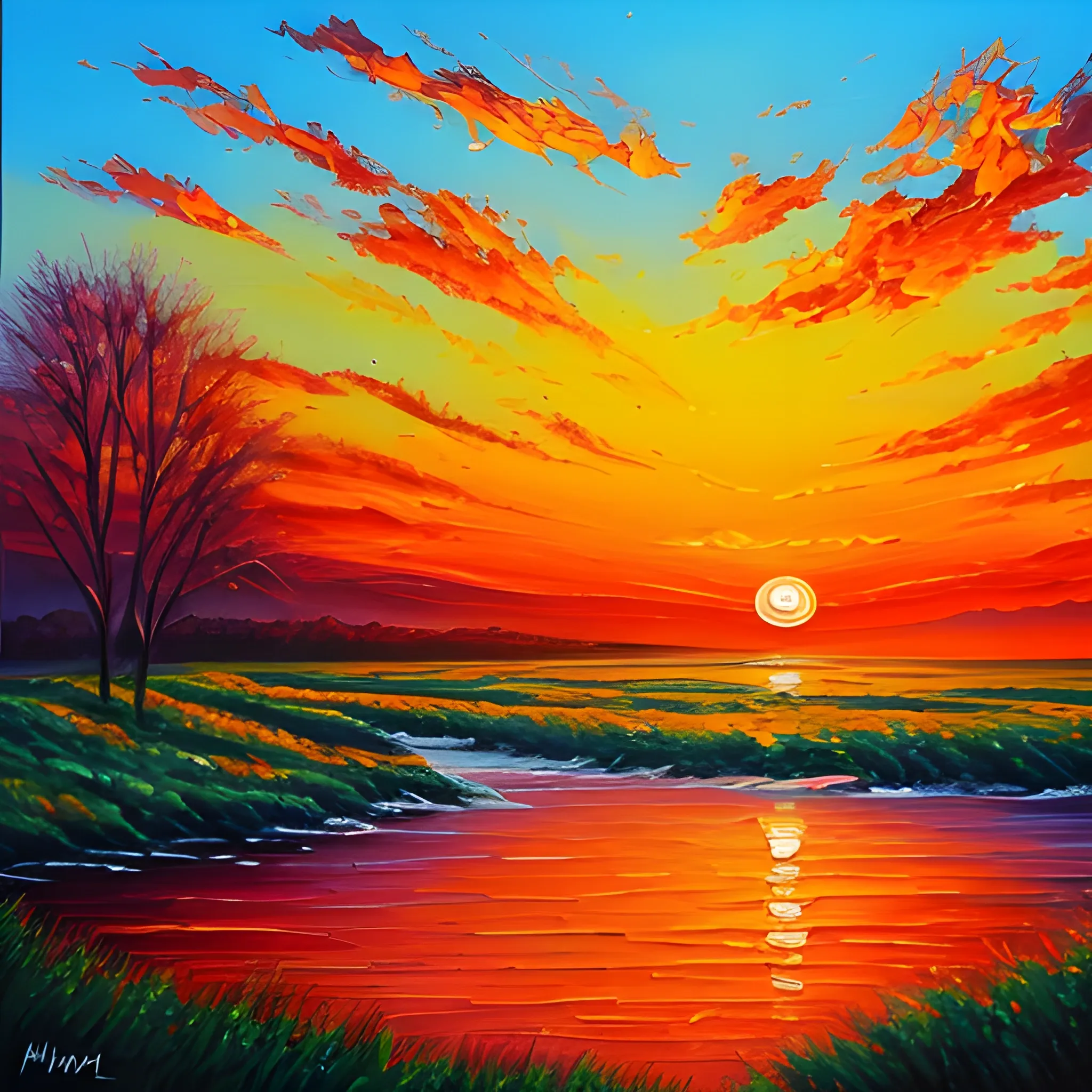 Sunset landscape painting, oil painting style - Arthub.ai