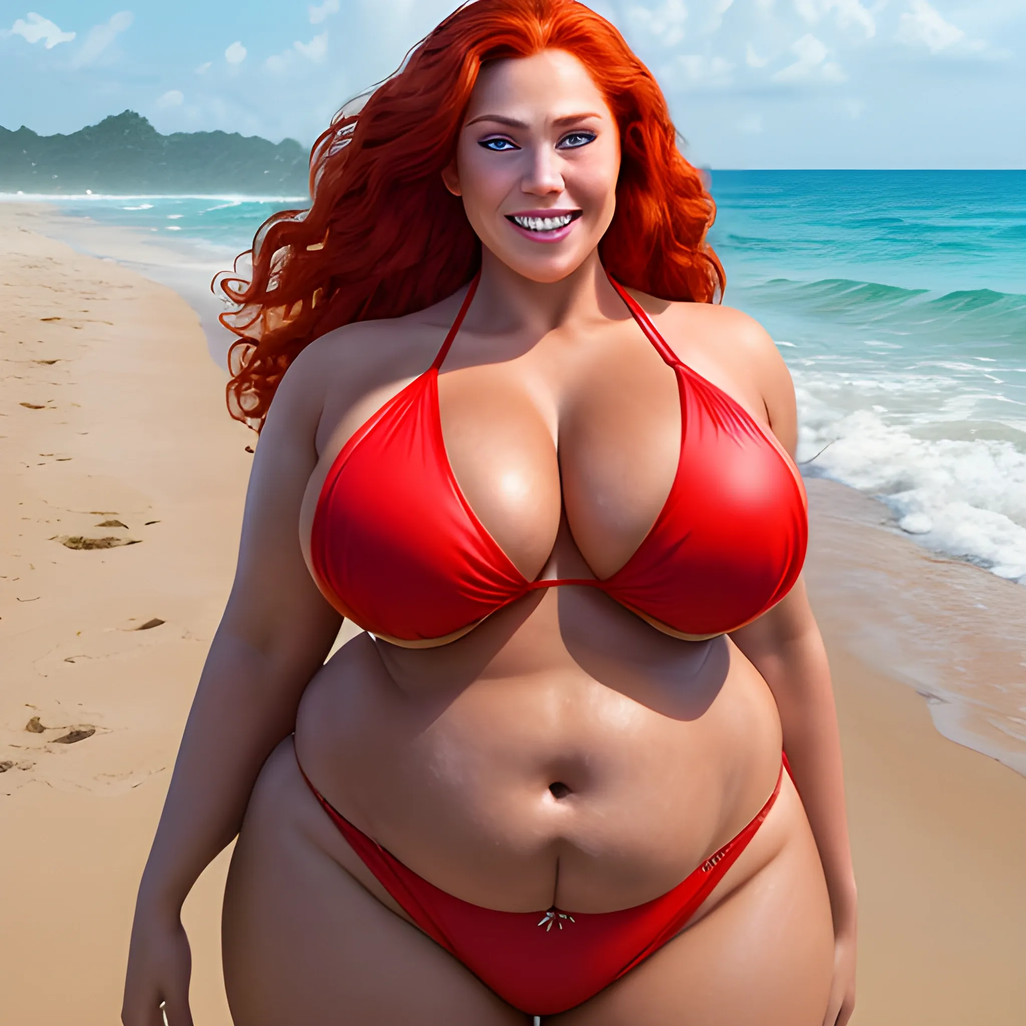 professional photograph of, 8k, a big body aunty,Sith lord, full body, natural enormous big breasts, wearing half red bikini, wavy reddish hair, cute smile, in a open beach, realistic hands, five slender fingers on beautiful chest, two thumbs, muscular body, beautiful lips, curved eyebrows, curved eyelid, beautiful eyes, ultra realistic,