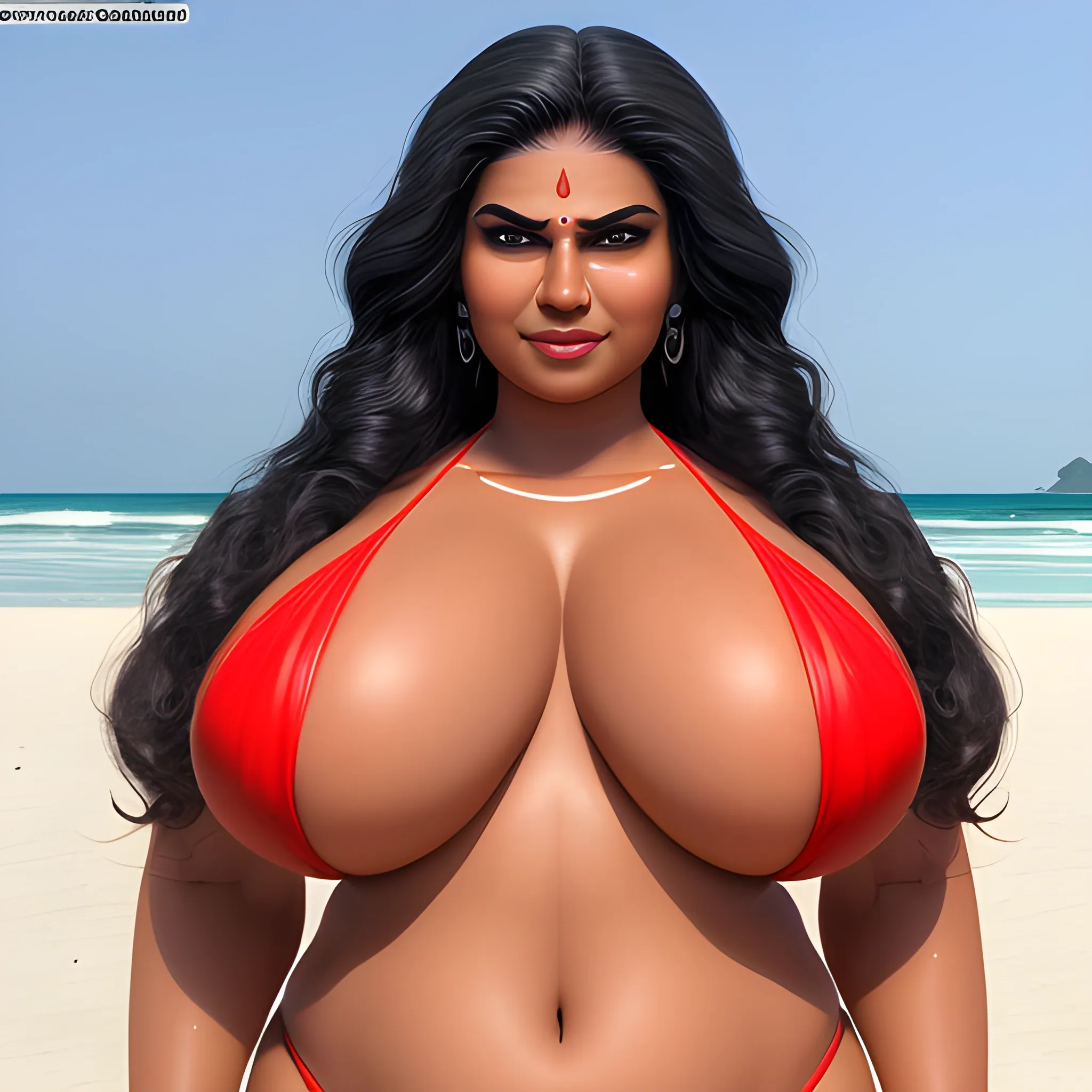 professional photograph of, 8k, a big body Indian lady,Sith lord, full body, natural enormous big breasts, wearing half red transparent bikini, white body,wavy long black hair, cute smile, in a open beach, realistic hands, five slender fingers on beautiful chest, two thumbs, muscular body, beautiful lips, curved eyebrows, curved eyelid, beautiful eyes, ultra realistic,