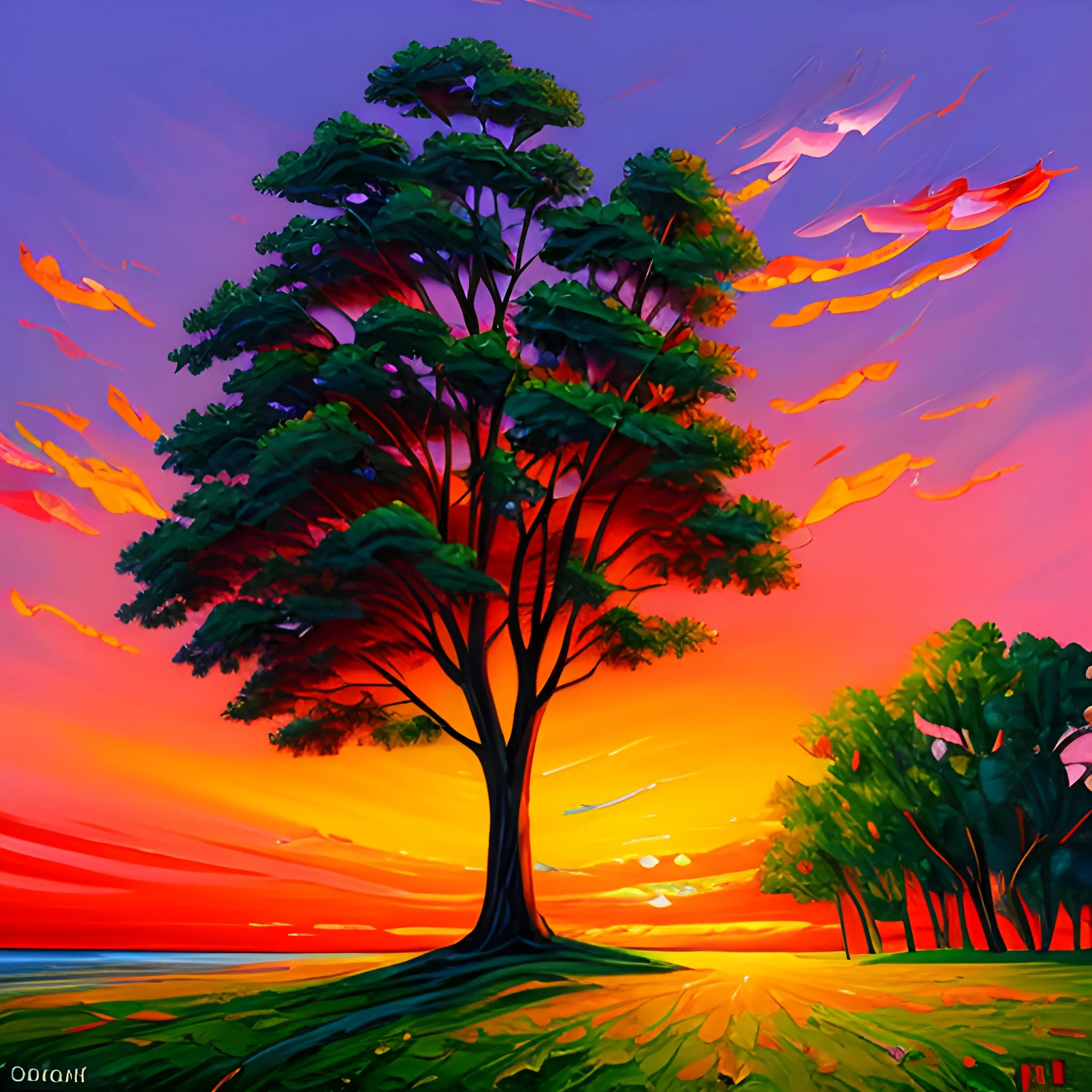 Sunset landscape painting, oil painting style, Cartoon