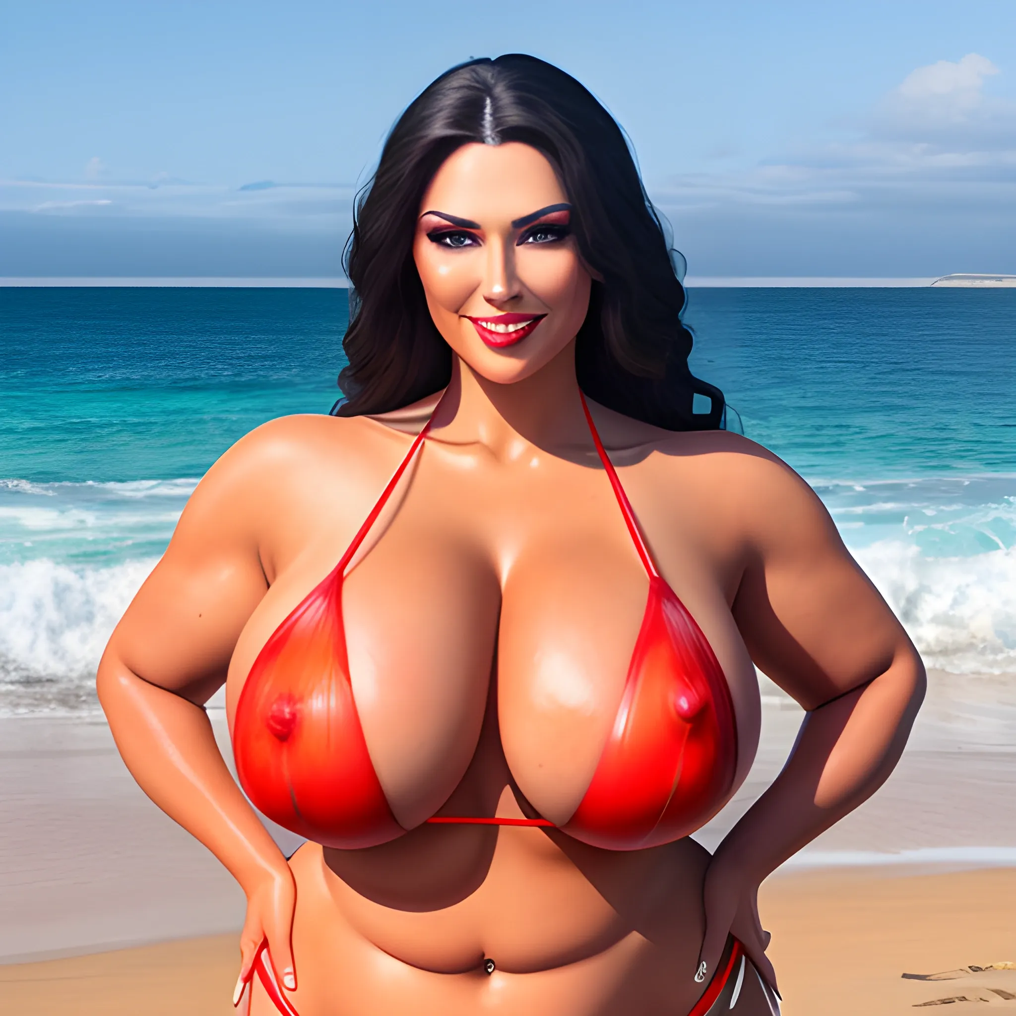 professional photograph of, 8k, a big body girl,Sith lord, full body, natural enormous big breasts, wearing half red transparent bikini, white body,wavy long black hair, cute smile, in a open beach, realistic hands, five slender fingers on beautiful chest, two thumbs, muscular body, beautiful lips, curved eyebrows, curved eyelid, beautiful eyes, ultra realistic,