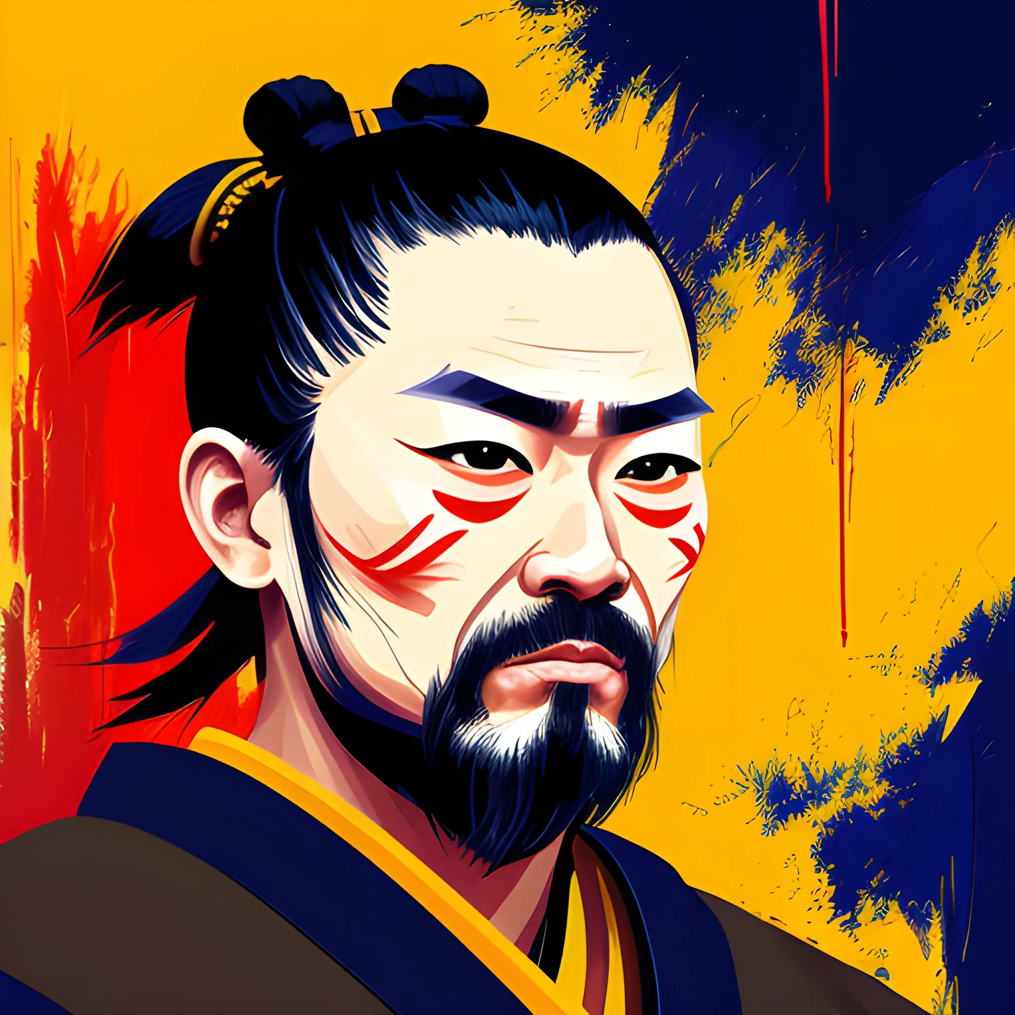 samurai portrait, digital vector art pay, messy and fun, Oil Painting, Oil Painting