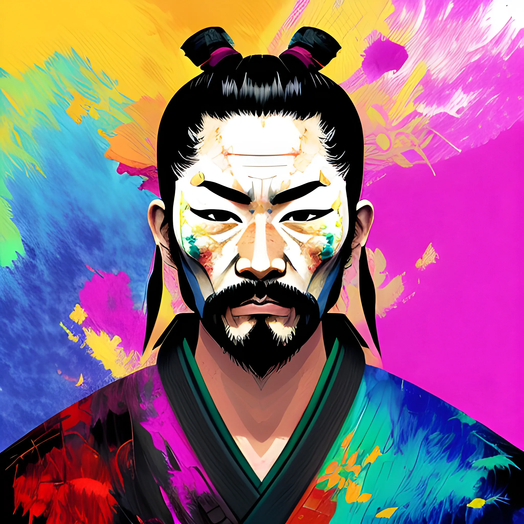 samurai portrait, digital vector art pay, messy and fun, Oil Painting, Oil Painting, Water Color, Trippy