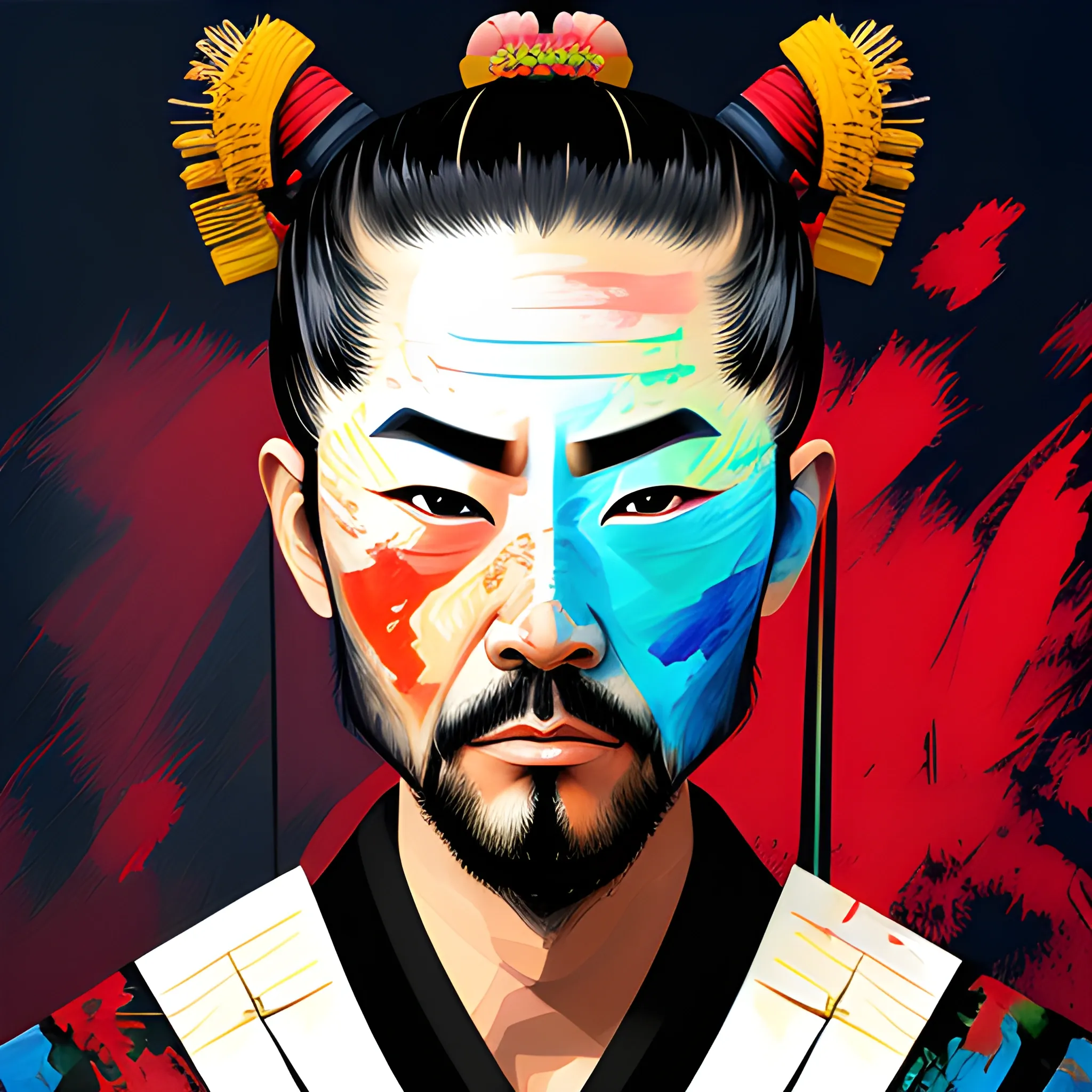 samurai portrait, digital vector art pay, messy and fun, Oil Painting, Oil Painting, Water Color, Trippy, Cartoon, 3D