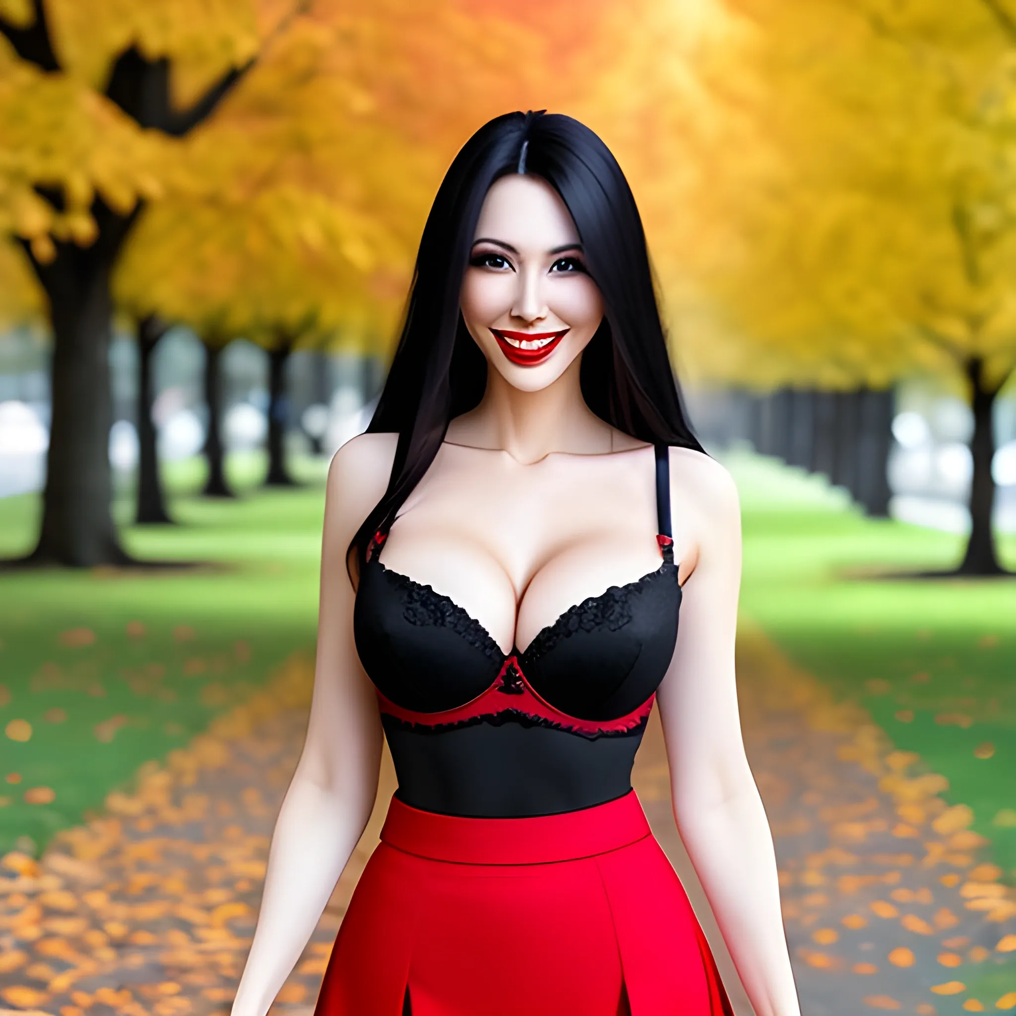  portrait of beautiful smile young instagram model girl with long black messy hair and stunning , red skirt, also wear beautiful bra,stunning, in park background

