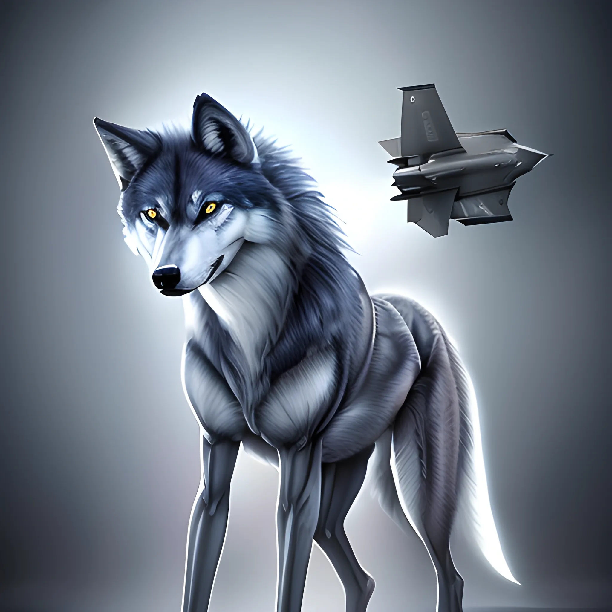 Photomorph that fuses a wolf with a human and F-35,