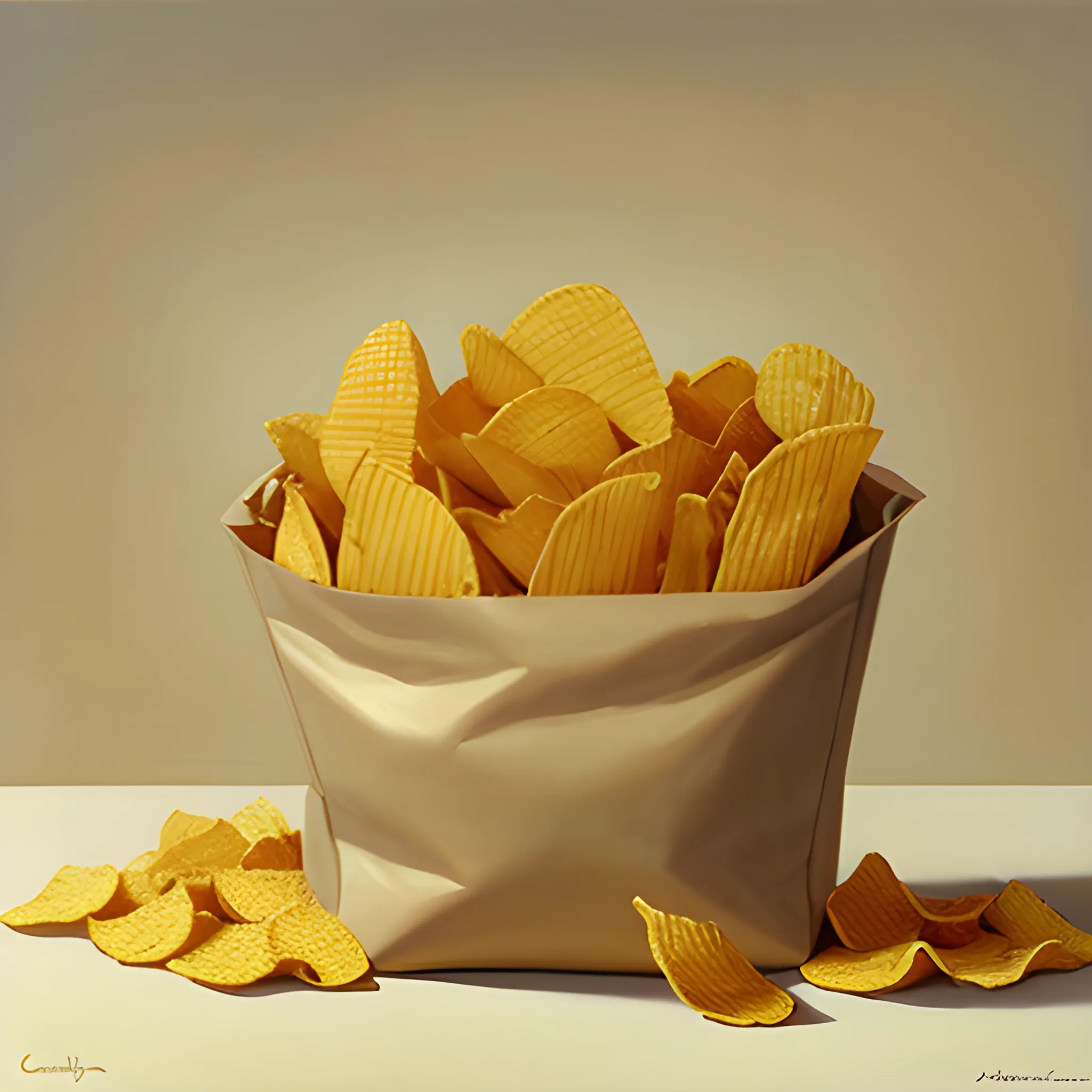 hyperreaslistic painting of a bag of potato chips by Claudio Bravo