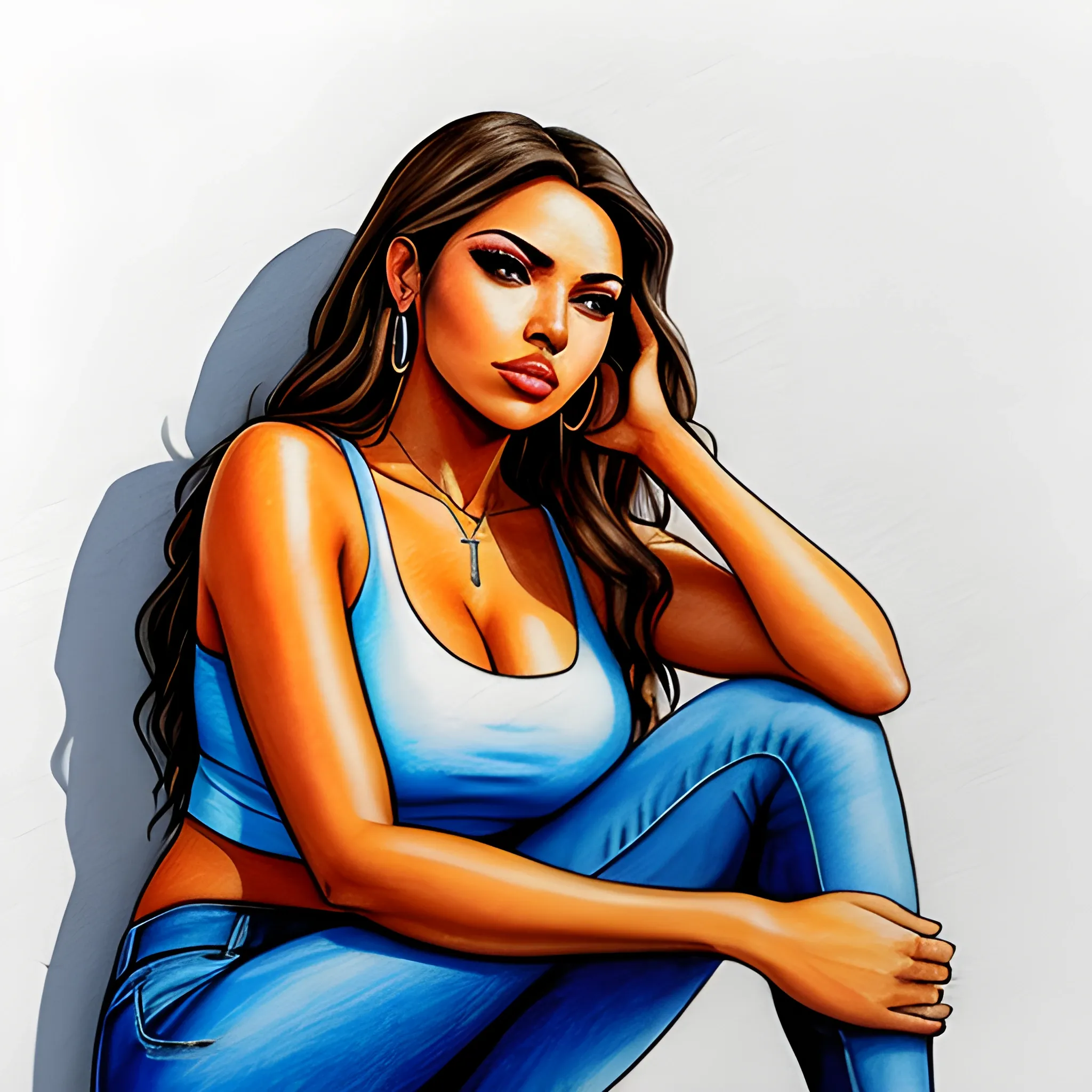 a woman sitting against a wall with her hand on her head, isabela moner, vignette, f 1 6, f16, teenage vanessa morgan, estefania villegas burgos, 1 8, selena quintanilla perez, teen girl, grain gelios lens, teen, bian luan, no hd, karla ortiz, Pencil Sketch, Water Color