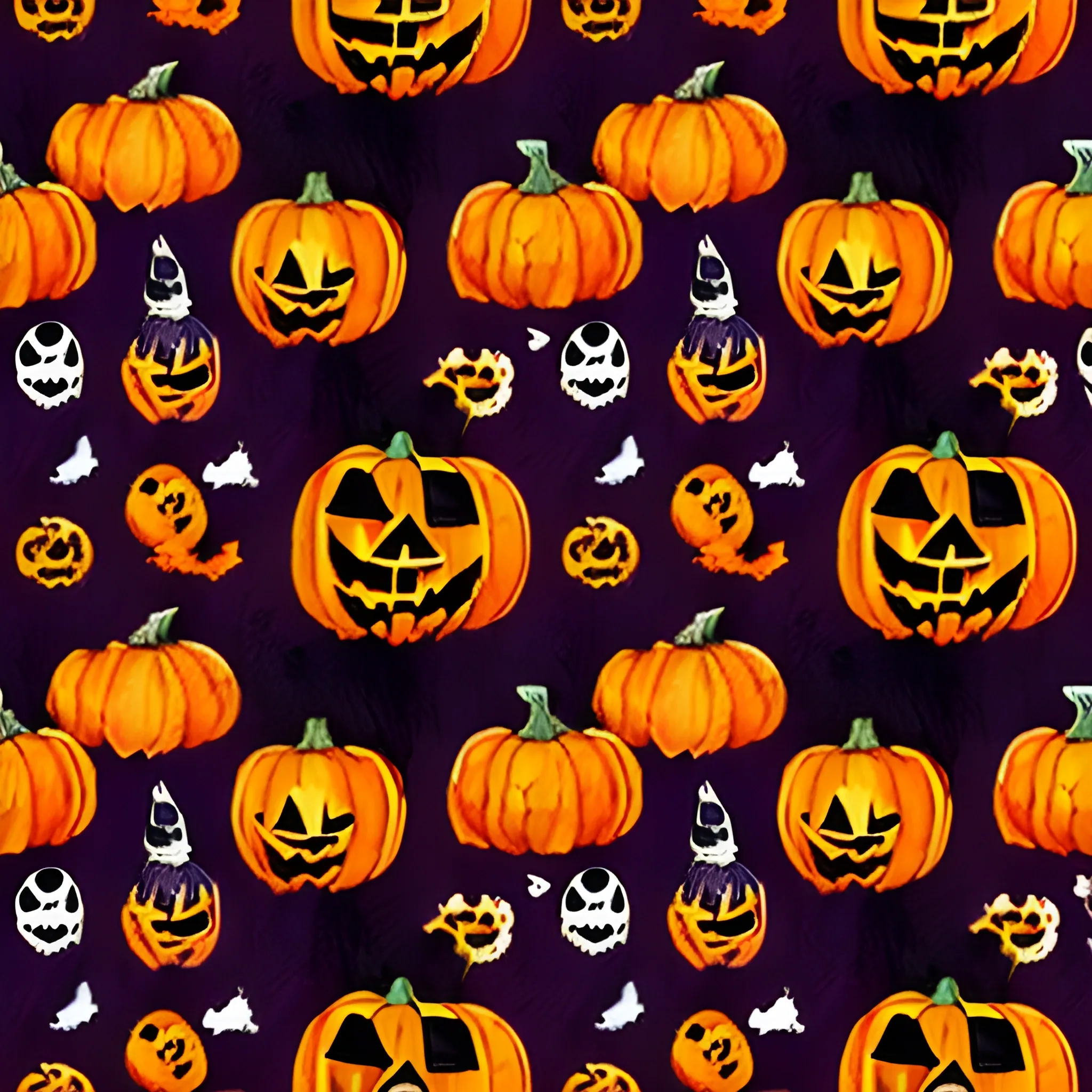 Halloween watercolor seamless repeating pattern with a dark, bold and eerie mood, focusing on horror elements and traditional symbols like pumpkins, ghosts, skulls, crows, bats and witches. High contrast, saturated colors and subtle textures, digitally painted by Andrew Jones, trending on ArtStation.