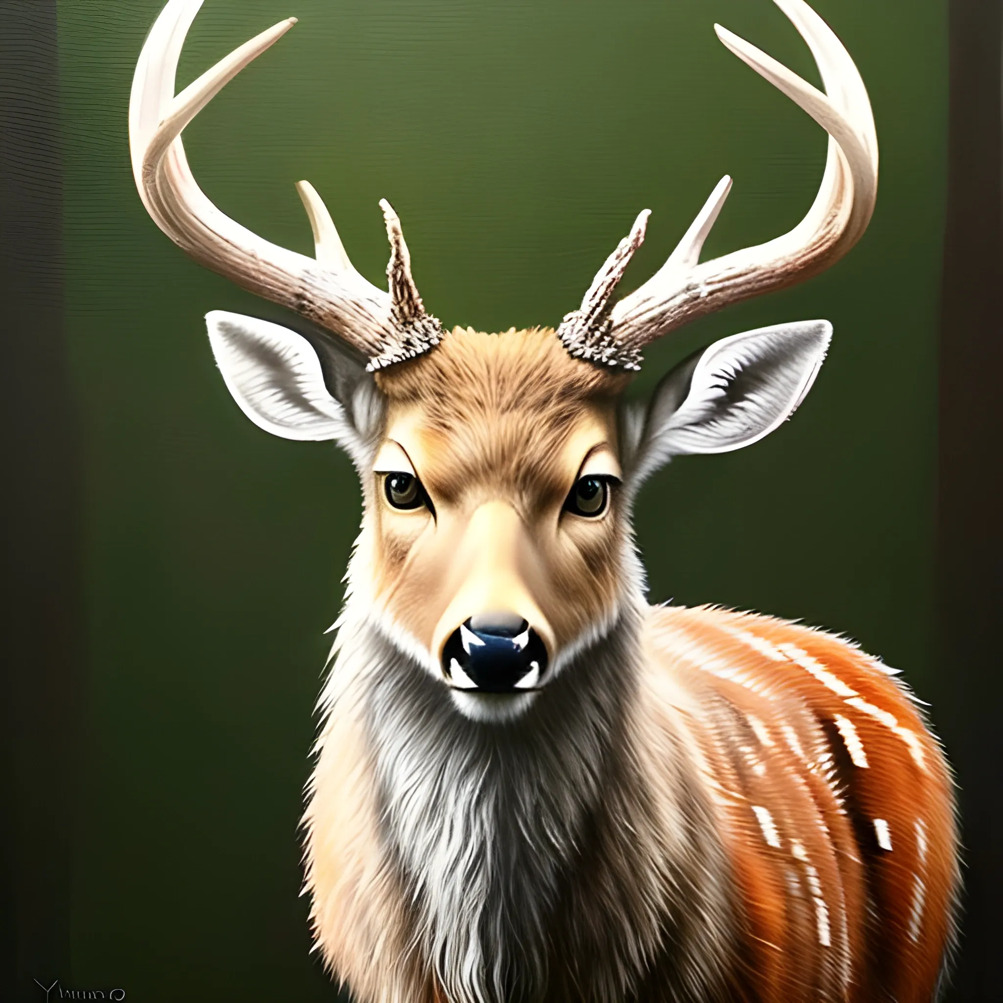 a yung alone deer, in a complete full body, with a no skin in her horns and small horns, lookin to the left side, whit a white ground.
 using, Oil Painting technic. And you must be so creative in his expresion face.
