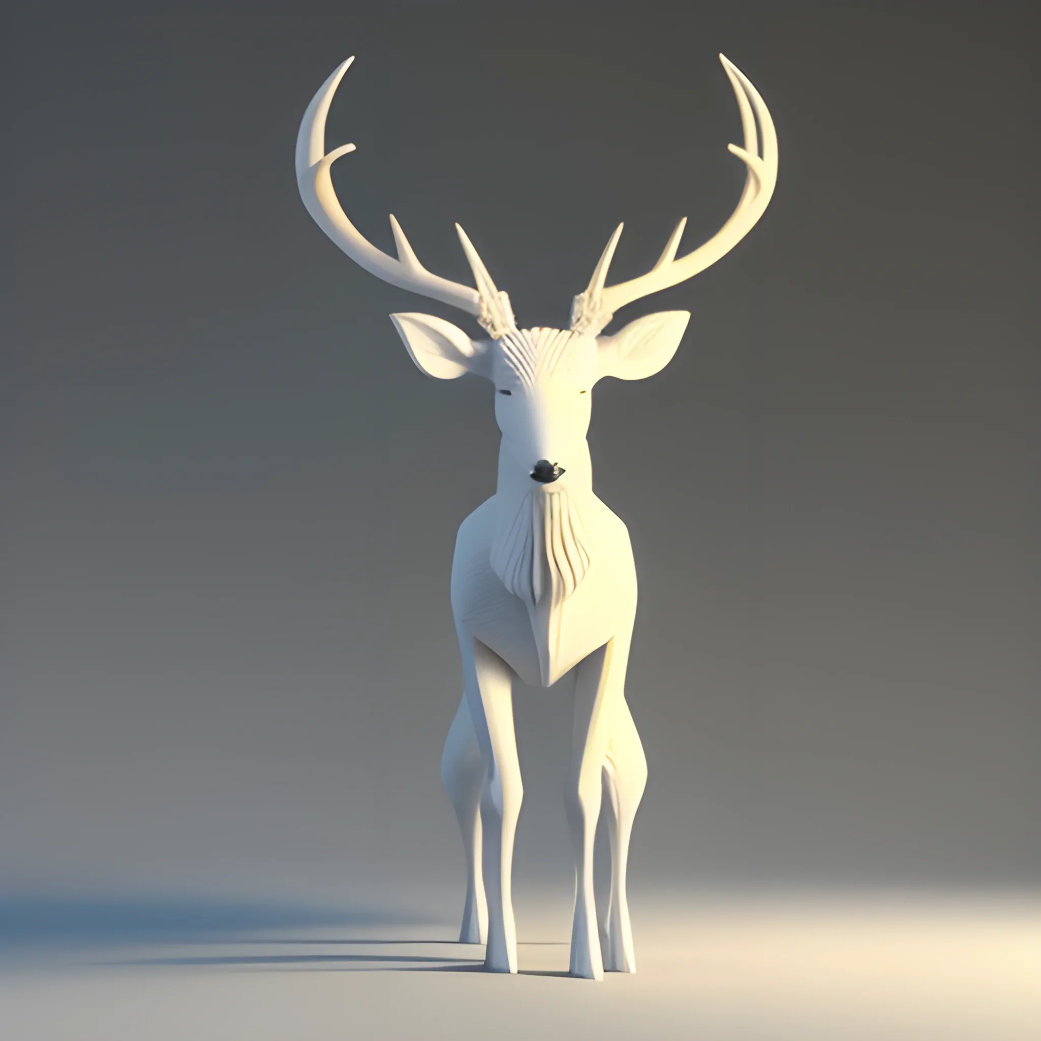 a yung alone deer, in a complete full body, with a no skin in her horns and small horns, lookin to the left side, whit a white ground.
 using, 3D technic. And you must be so creative in his expresion face.
, 3D