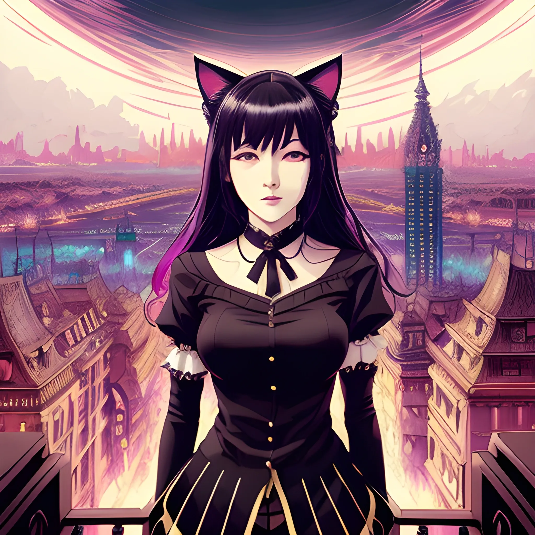 An image of a woman wearing cat ears in a manga art, anime style character style Art Nouveau painting, red and sillver colors,  true aesthetics, stylish fashion shot of a beautiful korean woman posing in front of a psychedelic art nouveau style. gothic style korean female, full figure, fit, ellegant tight white shirts, ties, miniskirts,  legs,  choker, long hair, classy,  beautiful faces, manga eyes, open mouth, postapocaliptic city in the background, dark night, art by Greg Rutkowski, acrylic, high contrast, colorful polychromatic, ultra detailed, ultra quality, CGSocietyHighly detailed, highest quality