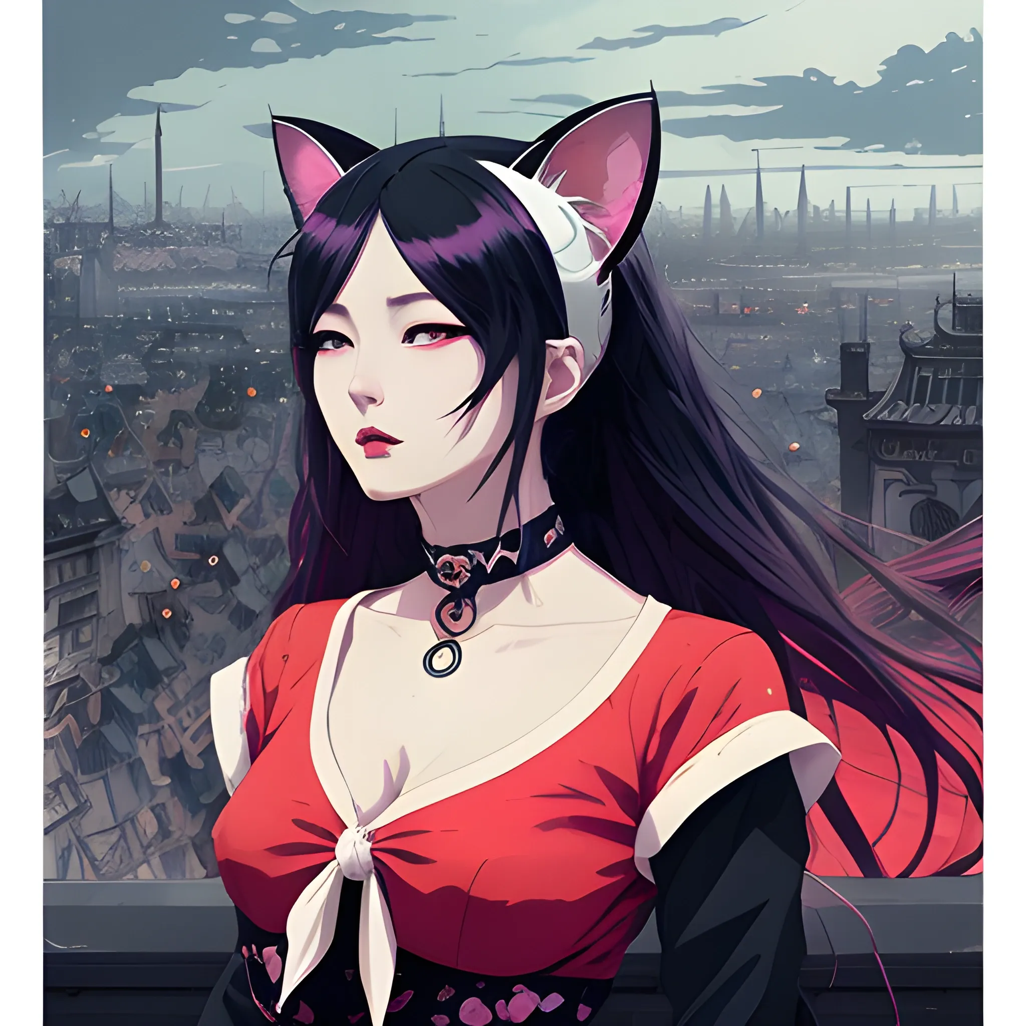 An image of a woman wearing cat ears in a manga art, anime style character style Art Nouveau painting, red and sillver colors,  true aesthetics, stylish fashion shot of a beautiful korean woman posing in front of a psychedelic art nouveau style. gothic style korean female, full figure, fit, ellegant tight white shirts, ties, miniskirts,  legs,  choker, long hair, classy,  beautiful faces, manga eyes, open mouth, postapocaliptic city in the background, dark night, art by Greg Rutkowski, acrylic, high contrast, colorful polychromatic, ultra detailed, ultra quality, CGSocietyHighly detailed, highest quality