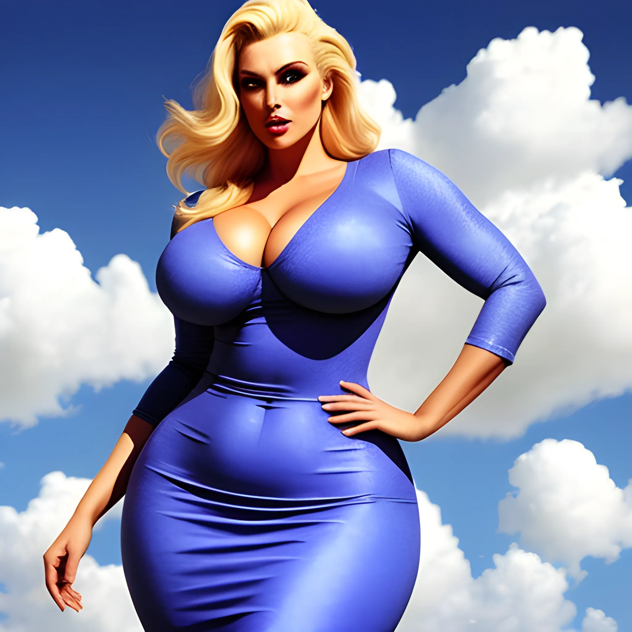 very tall robust curvy blonde girl standing under clouds 