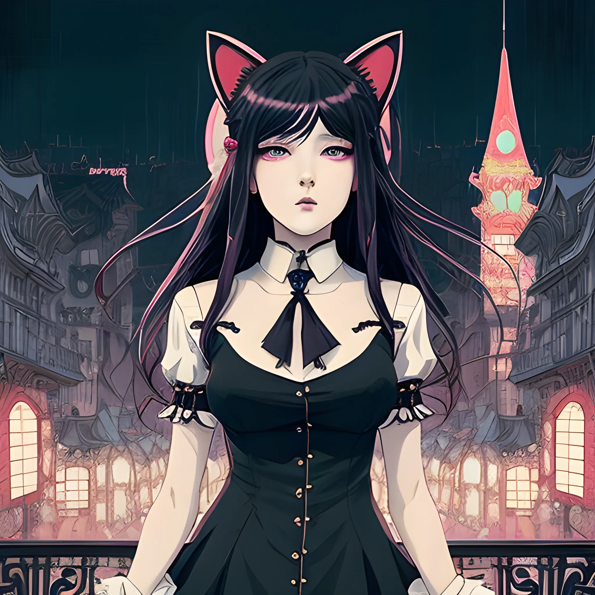 An image of a woman wearing cat ears in a manga art, anime style character style Art Nouveau painting, red and sillver colors,  true aesthetics, stylish fashion shot of a beautiful korean woman posing in front of a psychedelic art nouveau style. gothic style korean female, full figure, fit, ellegant tight white shirts, ties, miniskirts,  legs,  choker, long hair, classy,  beautiful faces, manga eyes, open mouth, postapocaliptic city in the background, dark night, art by Greg Rutkowski, acrylic, high contrast, ultra detailed, ultra quality, CGSocietyHighly detailed, highest quality