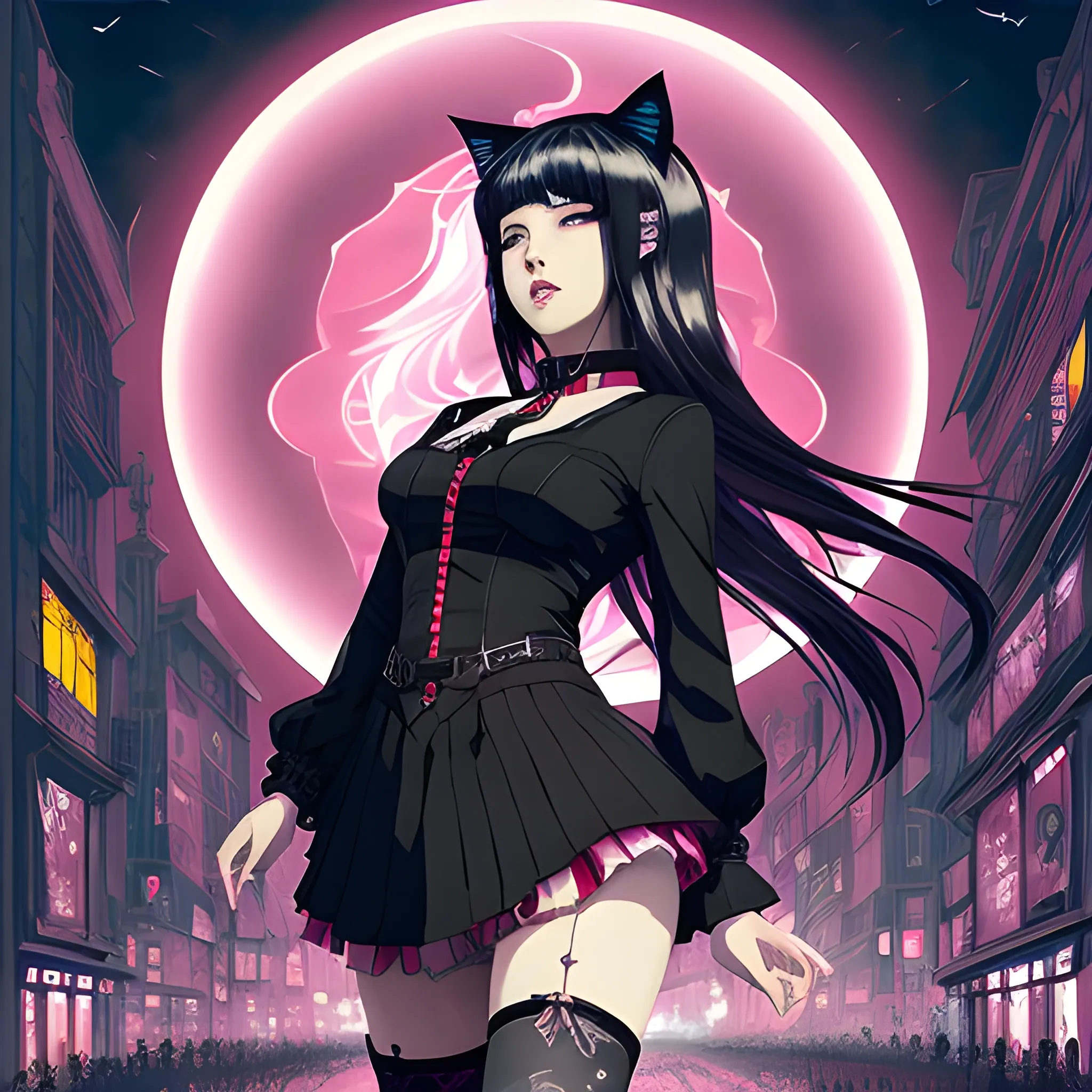 An image of a woman wearing cat ears in a manga art, anime style character style Art Nouveau painting, red and sillver colors,  true aesthetics, stylish fashion shot of a beautiful korean woman posing in front of a psychedelic art nouveau style. gothic style korean female, full figure, fit, ellegant tight white shirts, ties, miniskirts,  legs,  choker, long hair, classy,  beautiful face, manga eyes, open mouth, postapocaliptic city in the background, dark night, art by Greg Rutkowski, acrylic, high contrast, ultra detailed, ultra quality, CGSocietyHighly detailed, highest quality