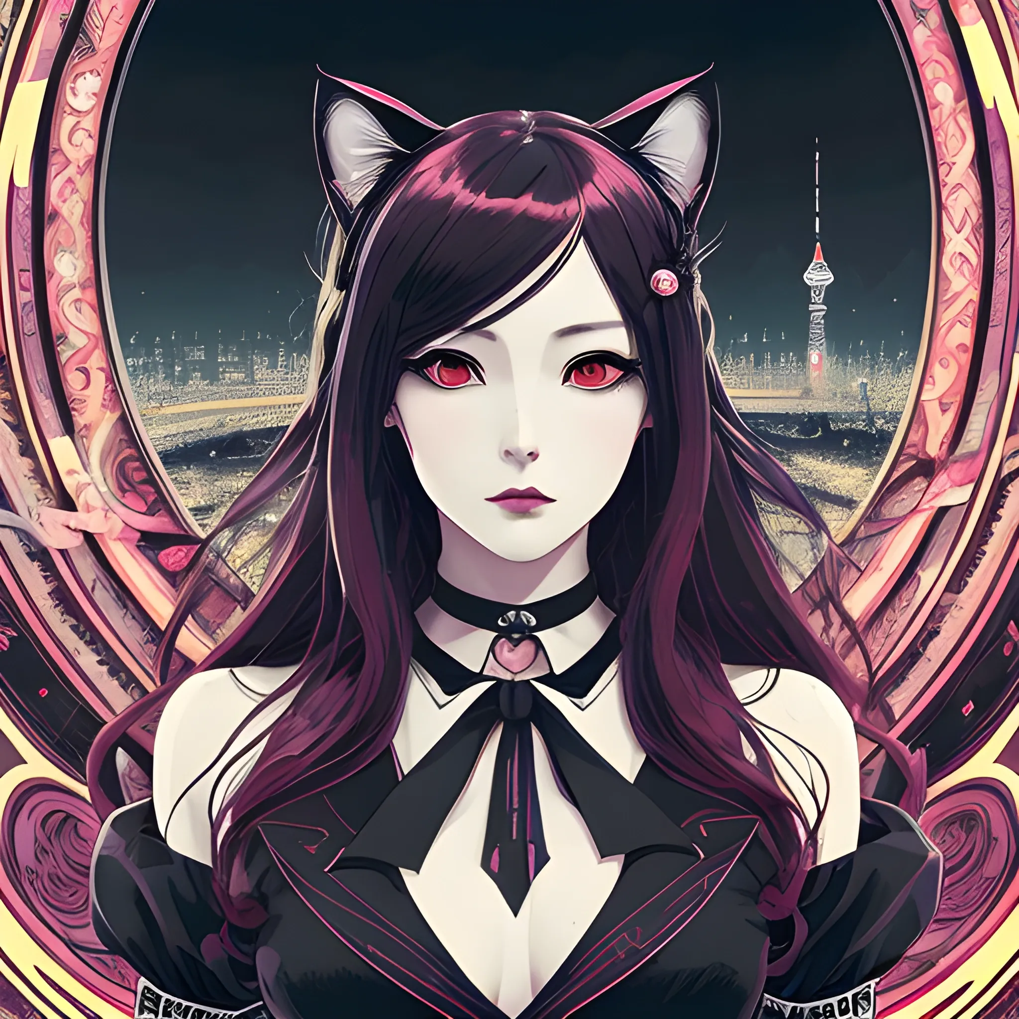 An image of a woman wearing cat ears in a manga art, anime style character style Art Nouveau painting, red and sillver colors,  true aesthetics, stylish fashion shot of a beautiful korean woman posing in front of a psychedelic art nouveau style. gothic style korean female, full figure, fit, ellegant tight white shirts, ties, miniskirts,  legs,  choker, long hair, classy,  beautiful face, manga eyes, open mouth, postapocaliptic city in the background, dark night, art by Greg Rutkowski, acrylic, high contrast, ultra detailed, ultra quality, CGSocietyHighly detailed, highest quality