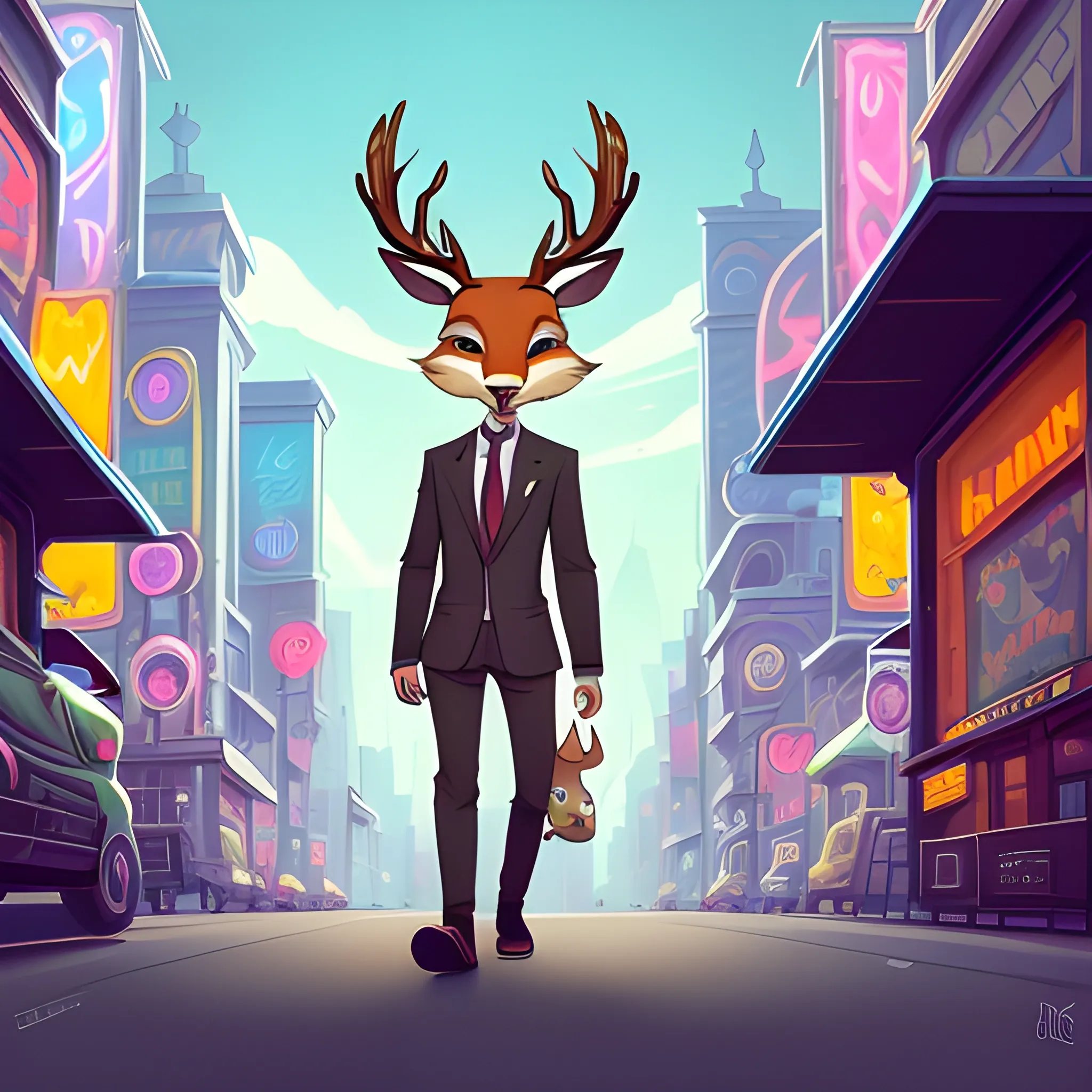 a man walking down a street with a deer head on his head, anthropomorphic deer, stylized urban fantasy artwork, an anthropomorphic deer, furry fantasy art, zootopia 2, epic urban bakground, very very beautiful furry art, zootopia, deer, urban fantasy style, anthro art, furry fursona, cover art of graphic novel, Cartoon