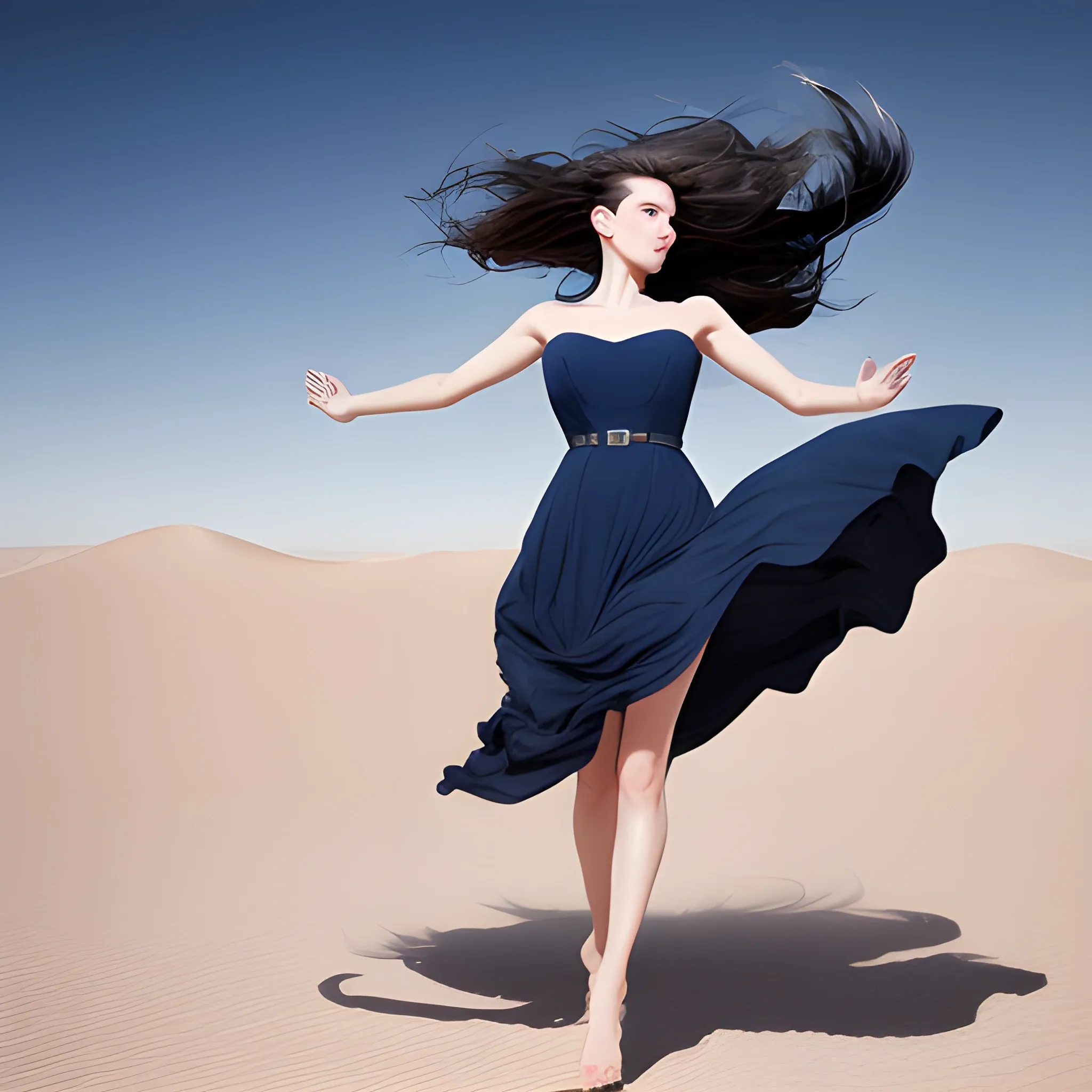 Attractive woman, dark blue dress, windy white desert, dynamic pose, advanced photography, ultra hd detail

