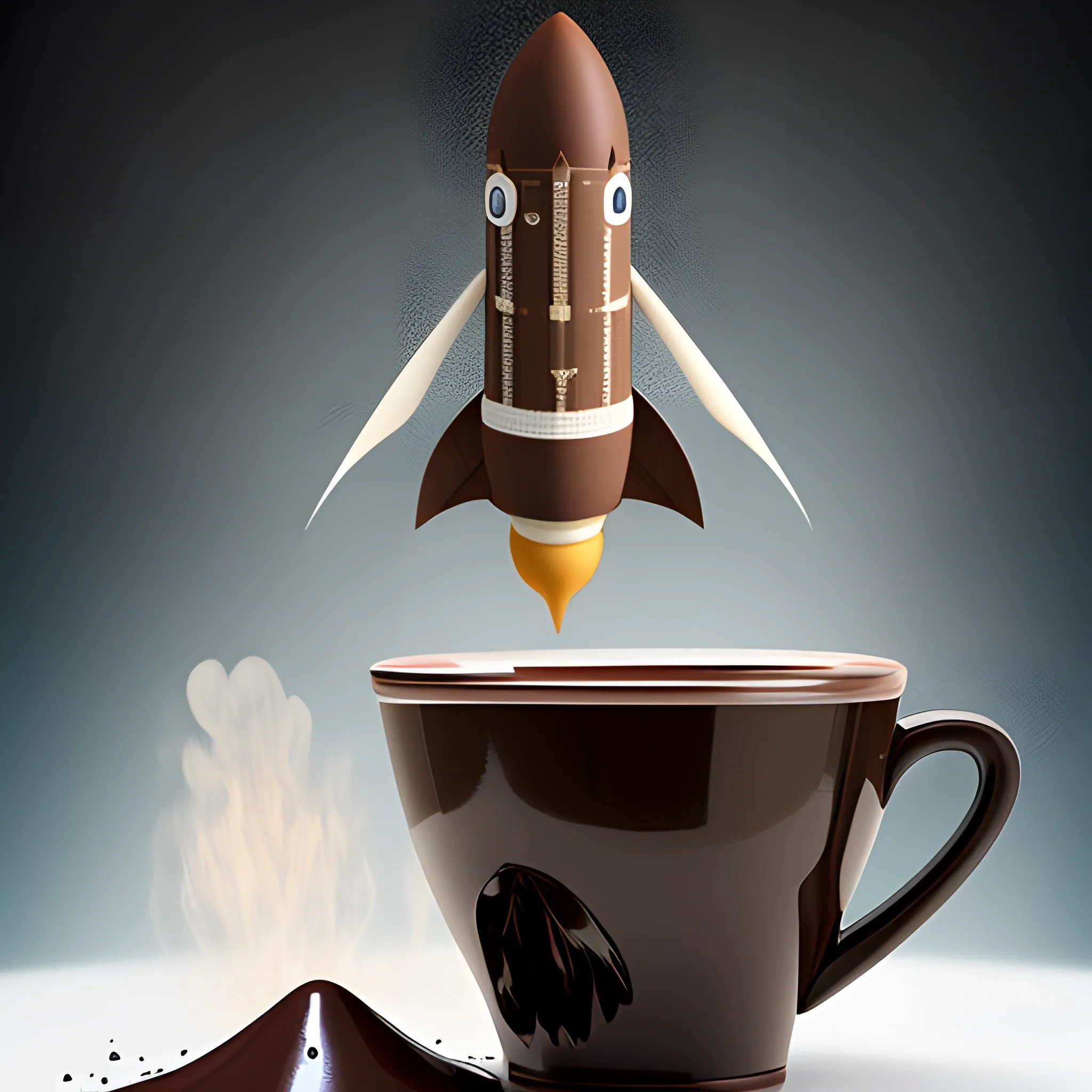 rocket taking off to the moon exhausting chocolate liquid, hyper-realistic