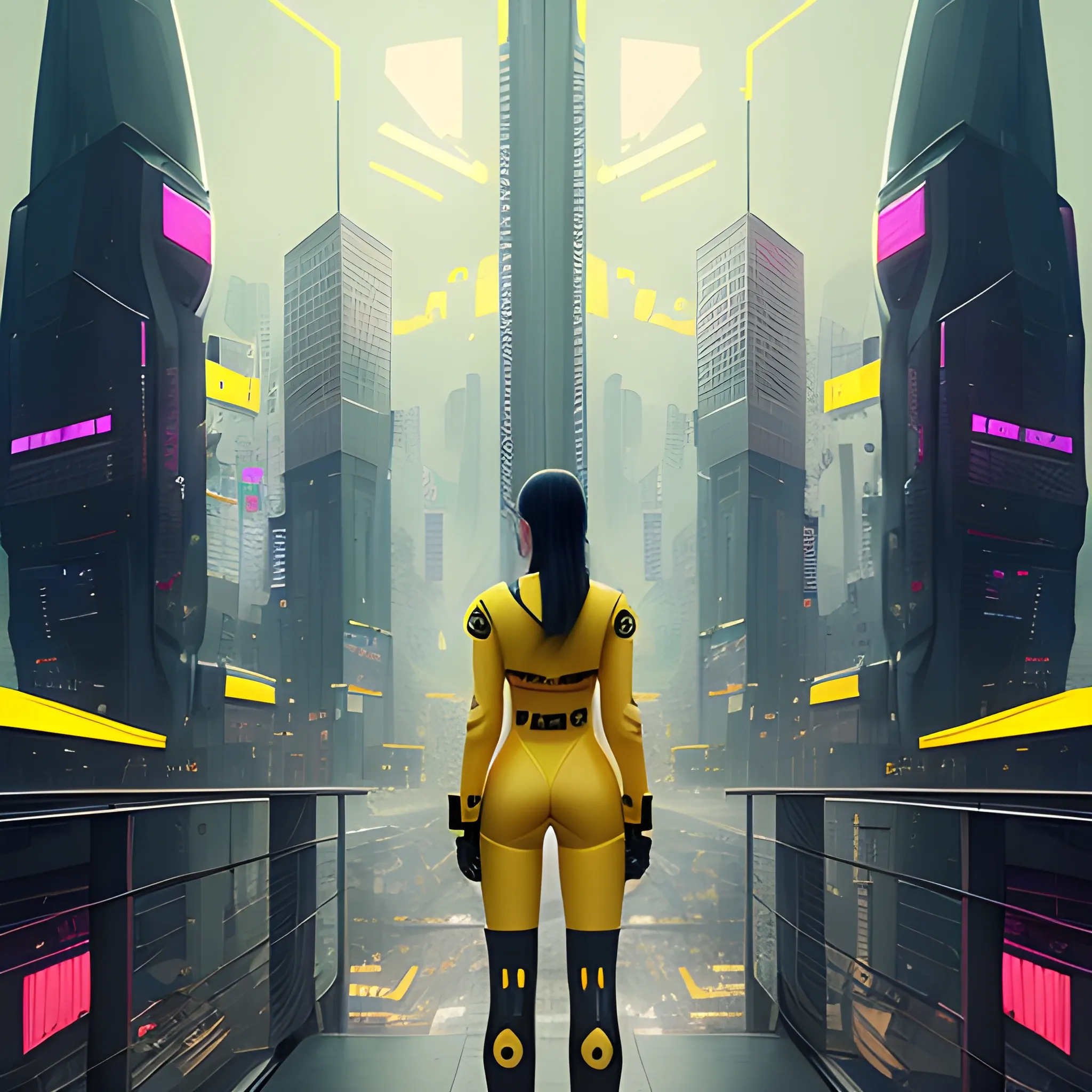 a woman in a yellow outfit and black boots stands in front of a city, cyberpunk art by Kim Hong-do, cgsociety, retrofuturism, cgsociety 9, full body cgsociety, worksafe.cgsociety