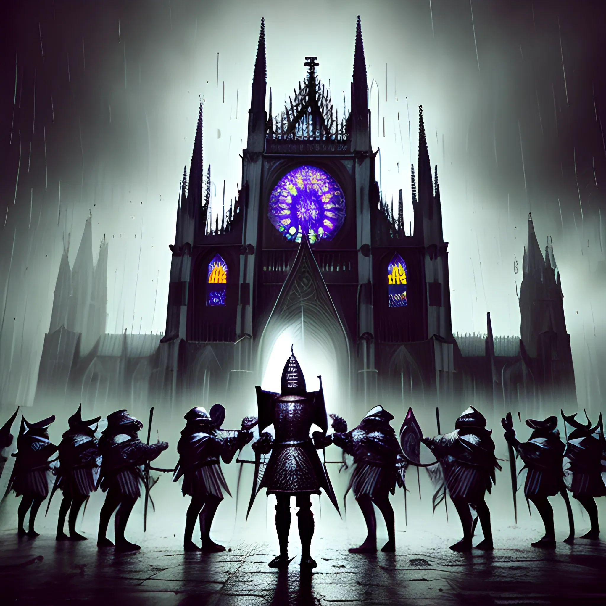 pouring rain on a psychedelic gothic style cathedral surrounded by an army of Templar knights grouped around a foot knight brandishing the Holy Grail