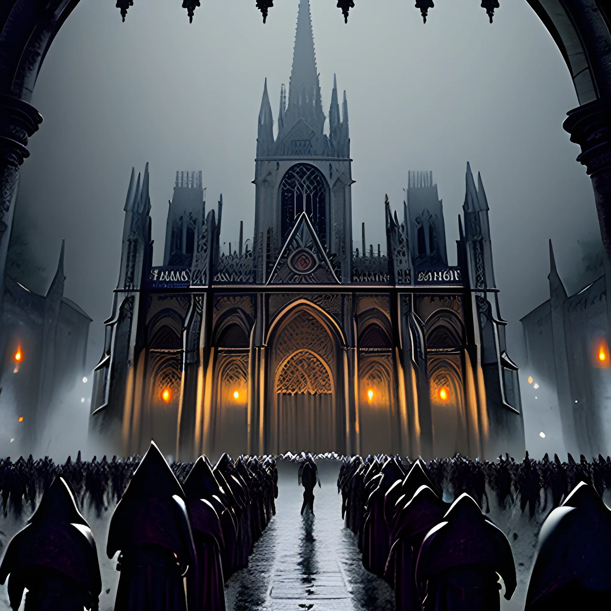 pouring rain on a cathedral heavily decorated with ancient Gothic-style gargoyles and an army of Templar knights huddled around an Alien wielding the Holy Grail, Trippy