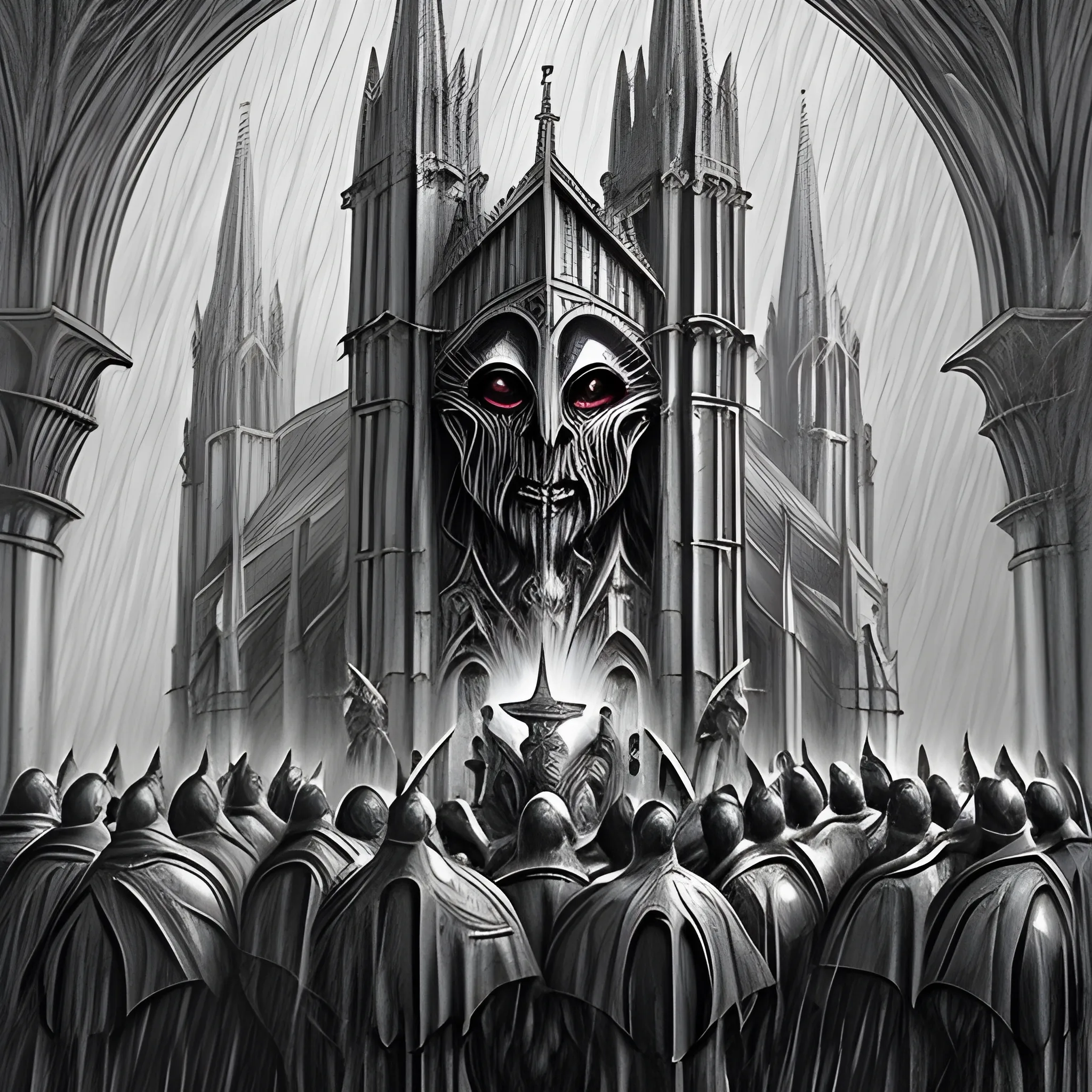 pouring rain on a cathedral heavily decorated with ancient Gothic-style gargoyles and an army of Templar knights huddled around an Alien wielding the Holy Grail, Pencil Sketch