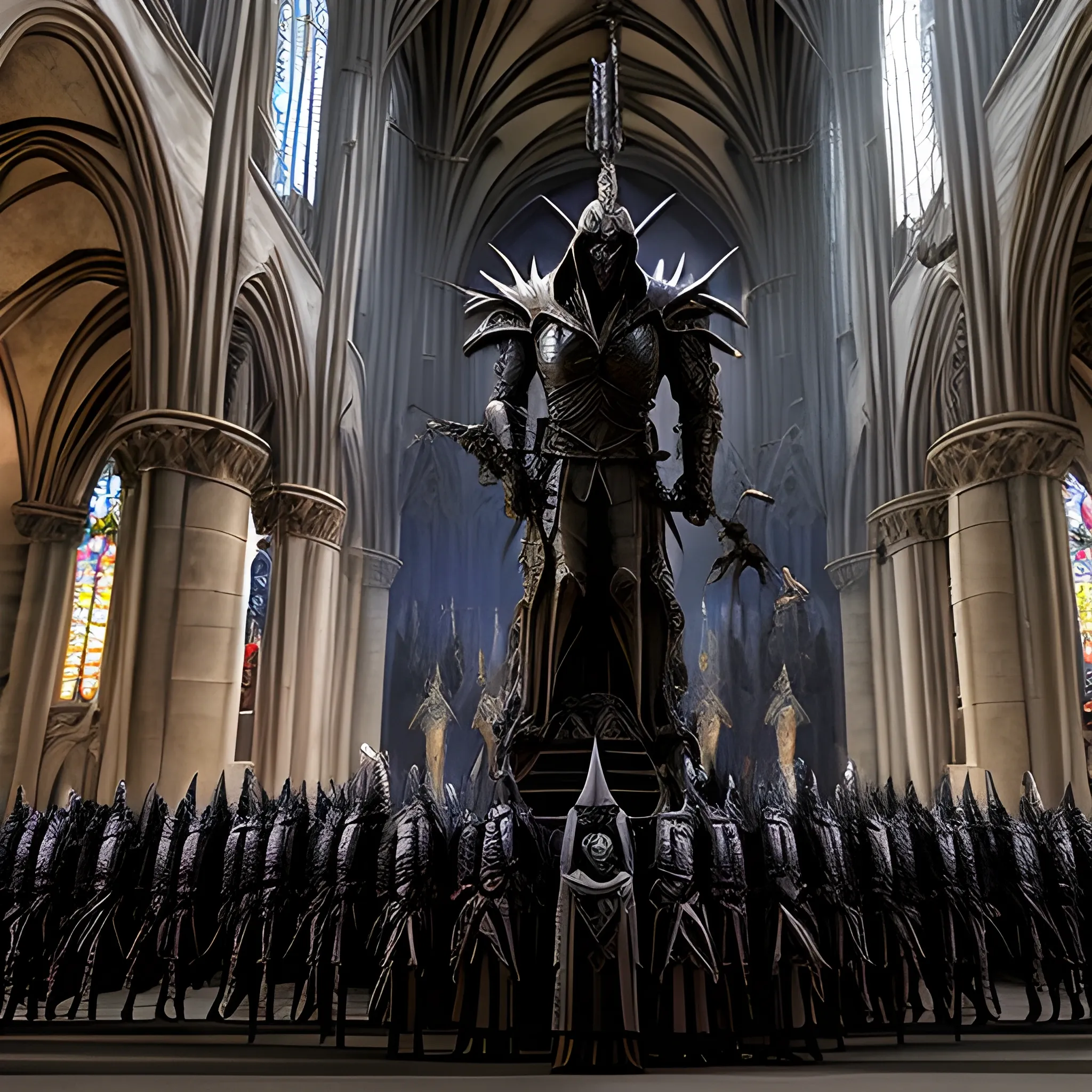 cathedral decorated with Gothic gargoyles and an army of Templar knights gathered around an Alien wielding the Holy Grail