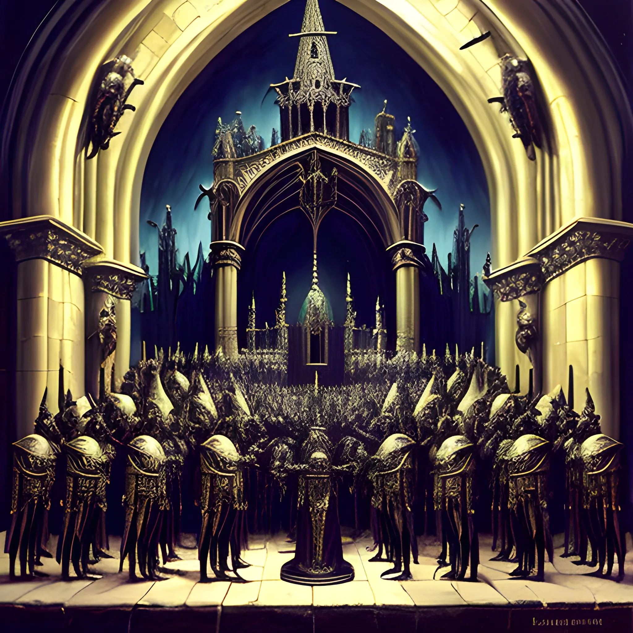 cathedral decorated with Gothic gargoyles and an army of Templar knights gathered around an Alien wielding the Holy Grail, Oil Painting, Trippy
