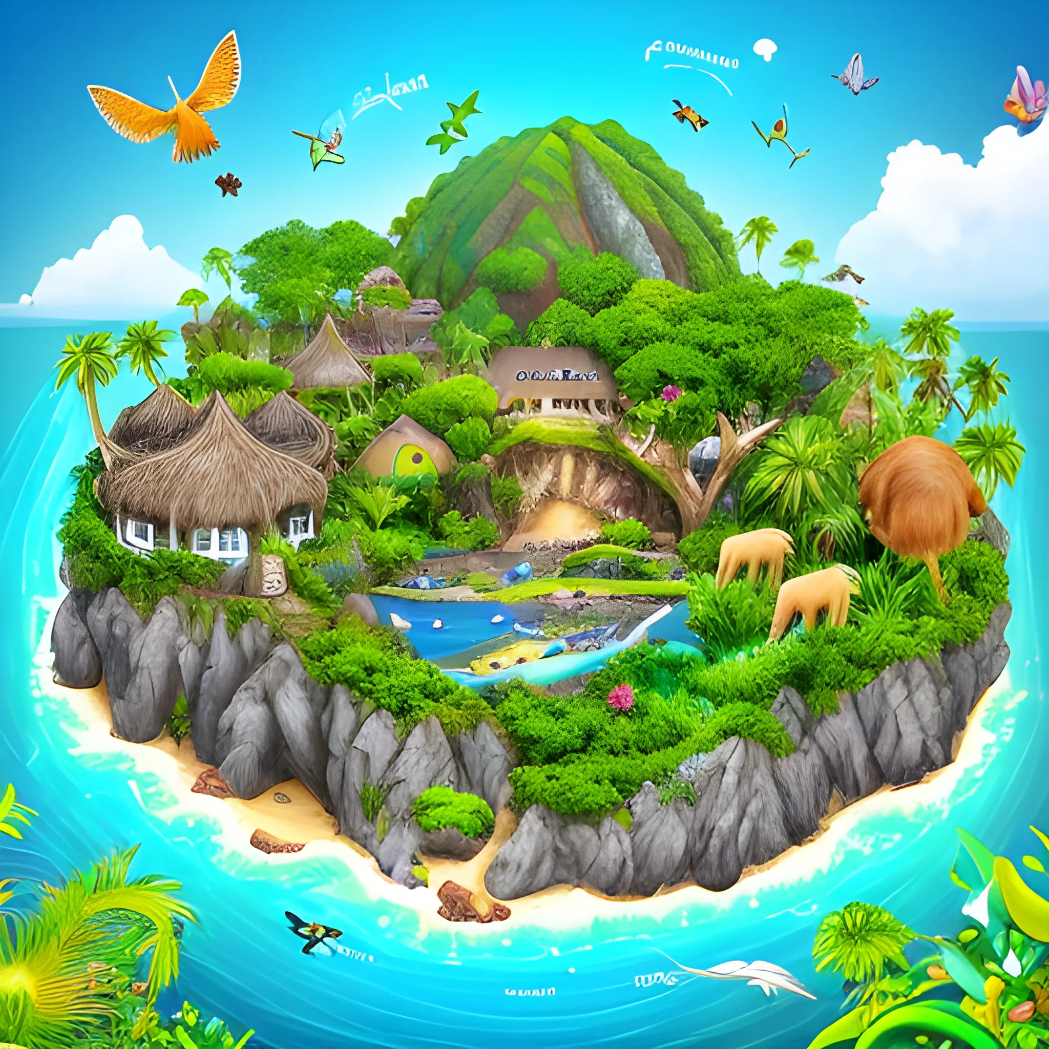 Magical island with lots of greenery and animals
