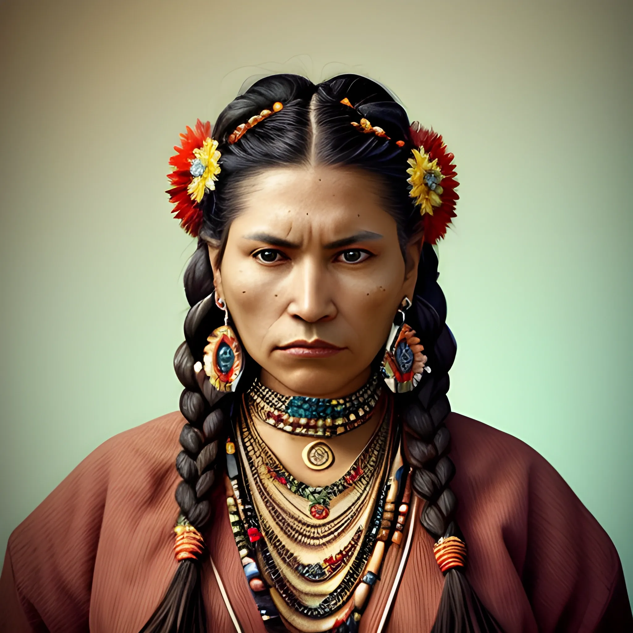 Floral love sculptures art color, Closeup of an indigenous American woman, with traditional clothing and jewelry. The woman has a determined and fierce expression on her face, and she is facing straight at the camera. Her hair is styled in intricate and traditional braids, and she is wearing a variety of jewelry made of gold and precious stones. The lighting is soft and flattering, creating a sense of beauty and dignity. The overall image is realistic, vivid and aesthetically pleasing, with a sense of cultural importance and historical significance. The image conveys a sense of strength and pride, with a hint of mystery and beauty