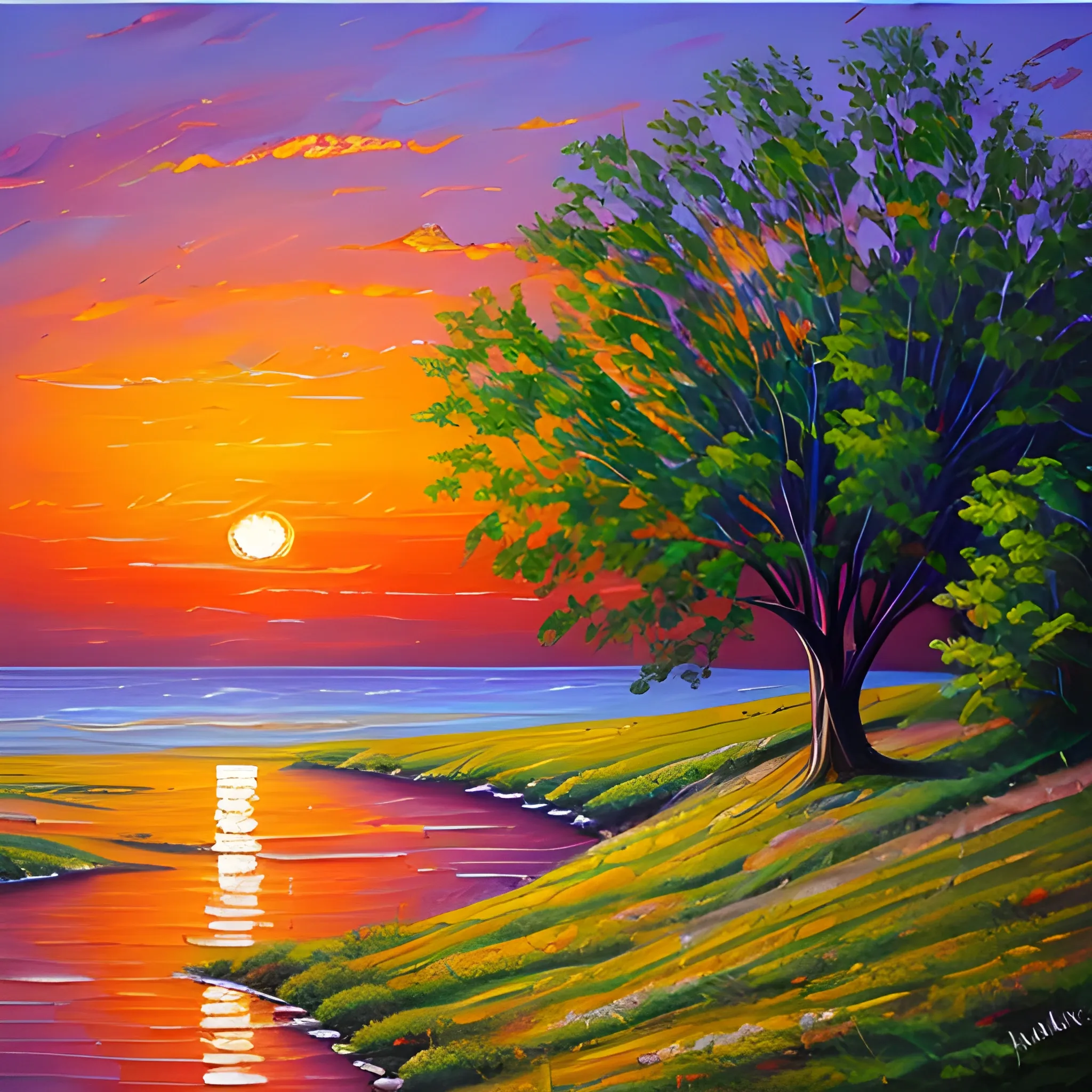 Sunset landscape painting, oil painting style, Oil Painting