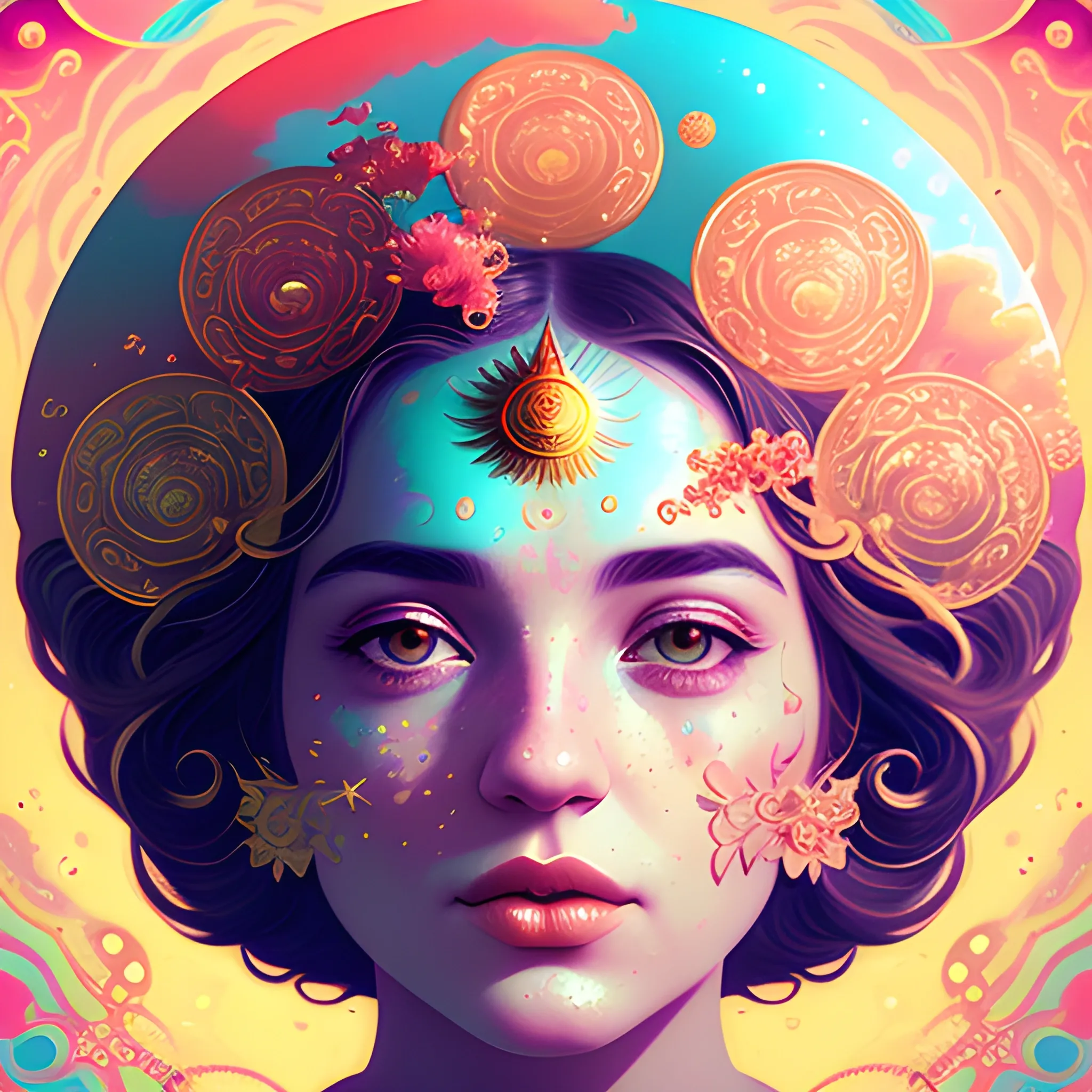 Flowery beautiful face with gold jewellery, by petros afshar, ross tran, Tom Bagshaw, tom whalen, underwater bubbly psychedelic clouds, Anaglyph 3D lens blur effect, Trippy