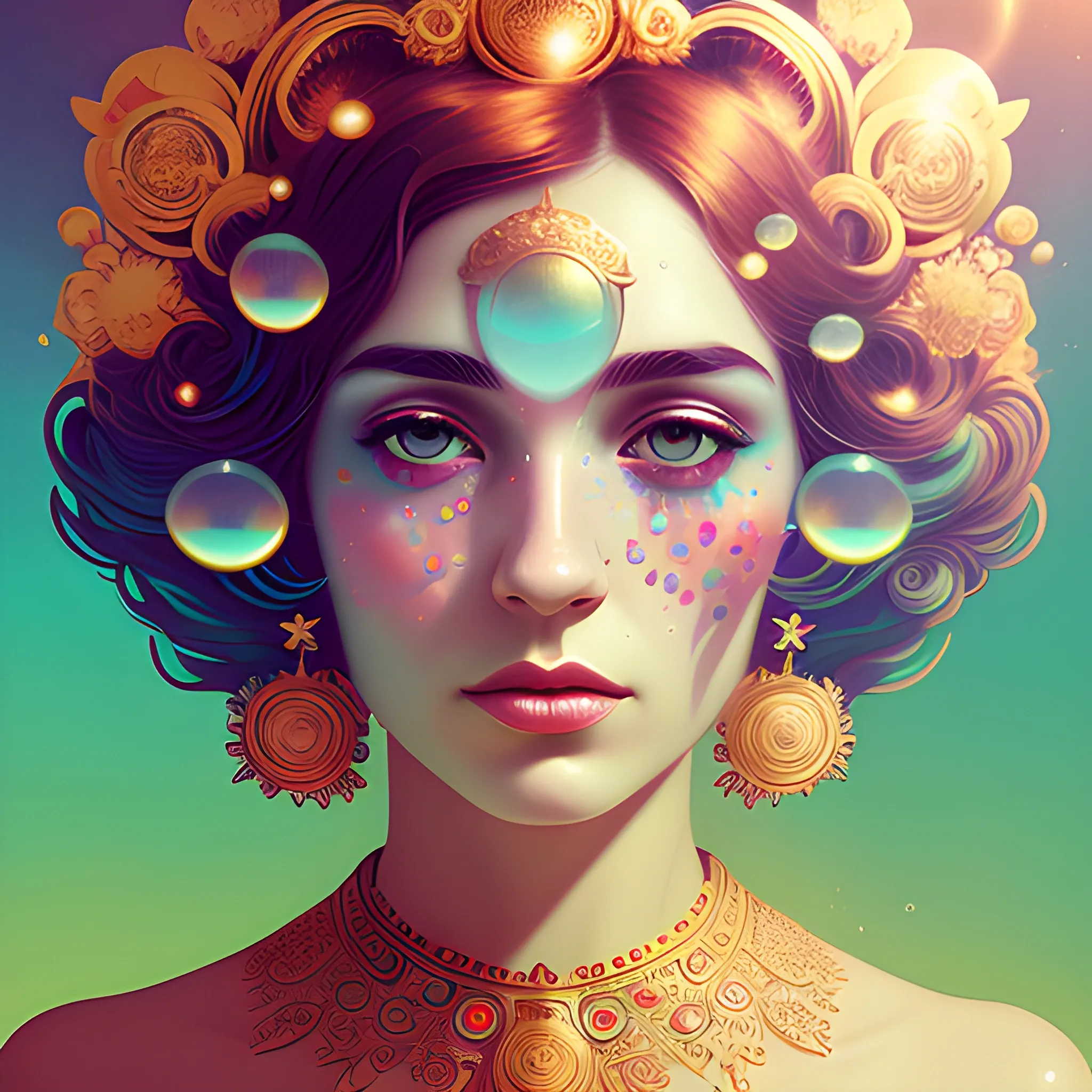 Flowery beautiful face with gold jewellery, by petros afshar, ross tran, Tom Bagshaw, tom whalen, underwater bubbly psychedelic clouds, Anaglyph 3D lens blur effect