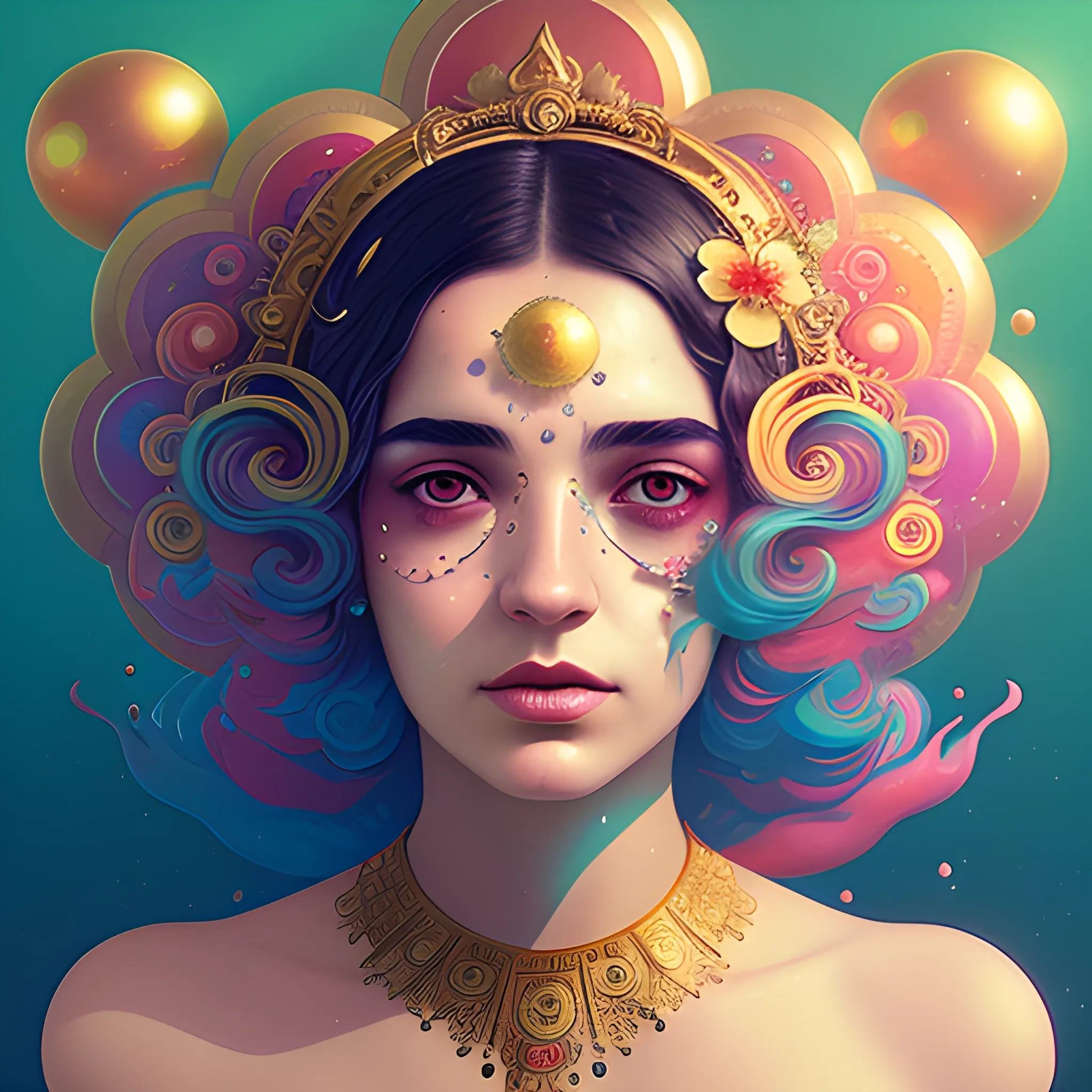 Flowery beautiful face with gold jewellery, by petros afshar, ross tran, Tom Bagshaw, tom whalen, underwater bubbly psychedelic clouds, Anaglyph 3D lens blur effect