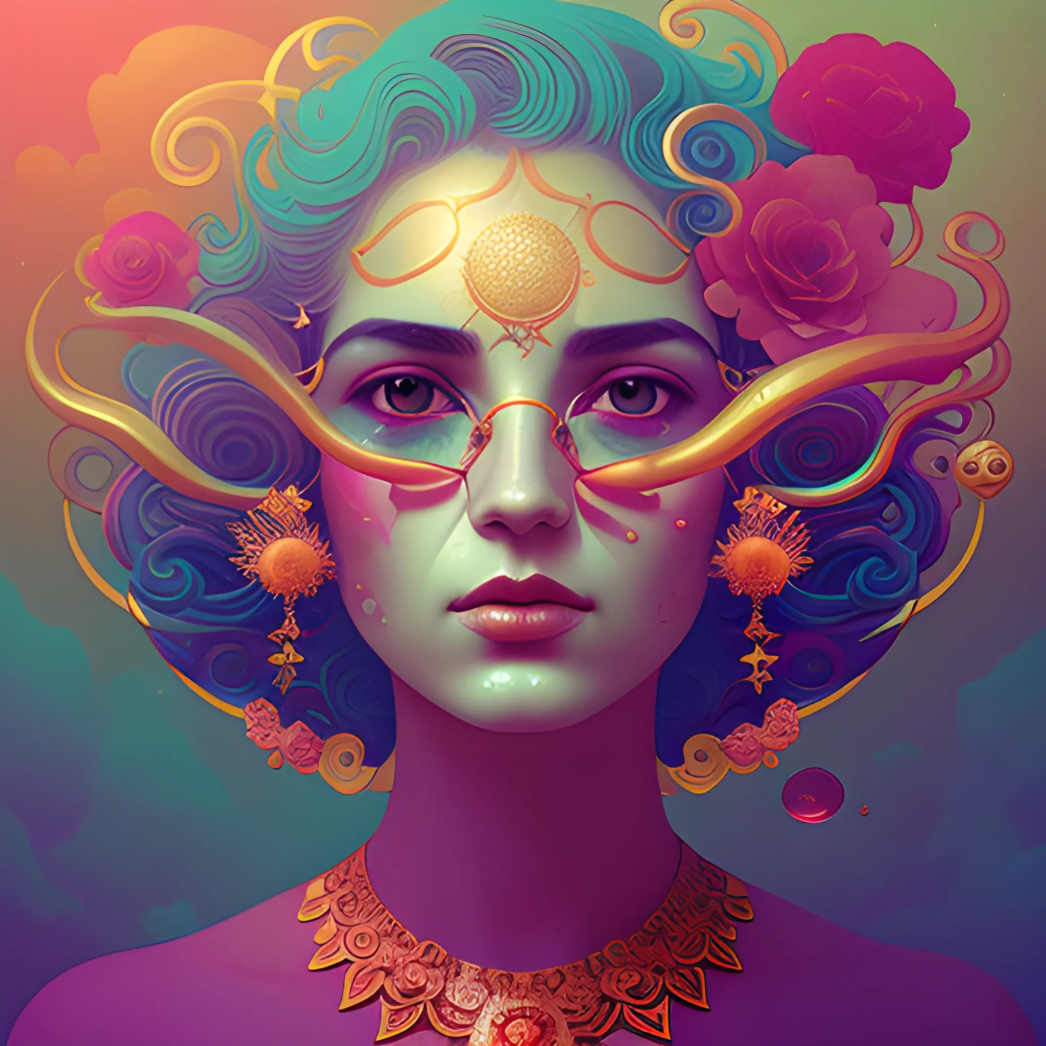 Flowery beautiful face with gold jewellery, by petros afshar, ross tran, Tom Bagshaw, tom whalen, underwater bubbly psychedelic clouds, Anaglyph 3D lens blur effect