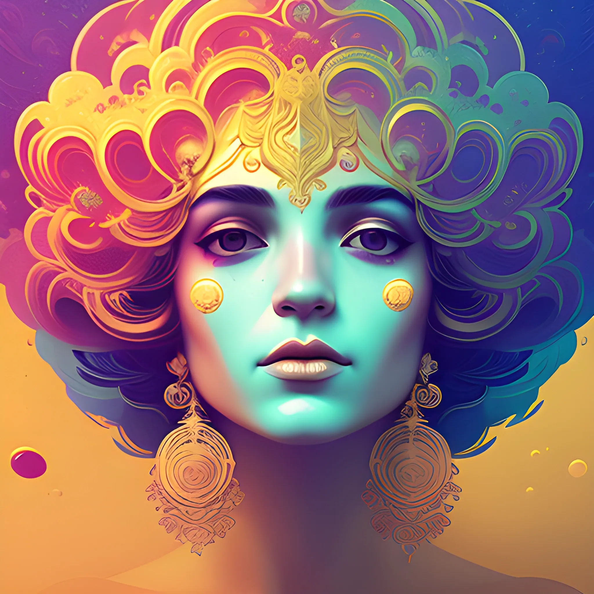 Flowery beautiful face with gold jewellery, by petros afshar, ross tran, Tom Bagshaw, tom whalen, underwater bubbly psychedelic clouds, Anaglyph 3D lens blur effect