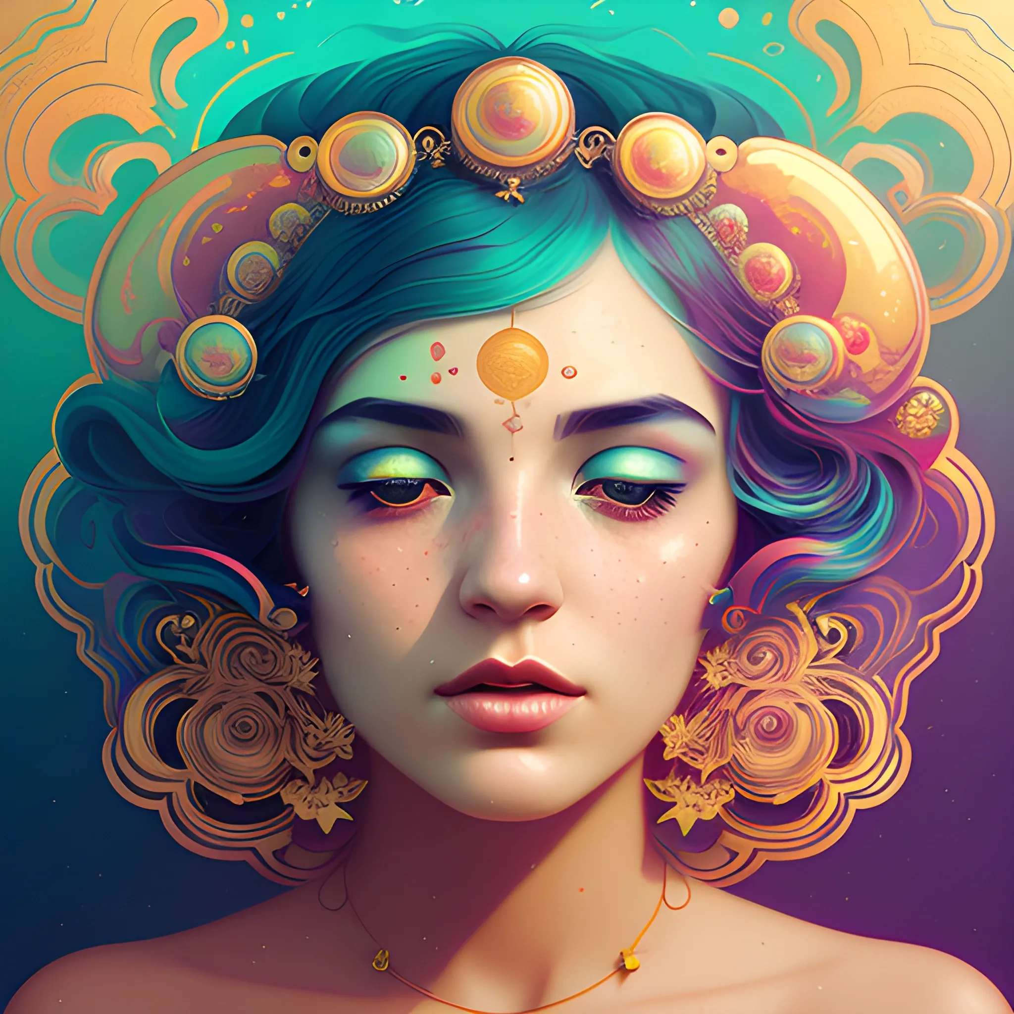 Flowery beautiful face with gold jewellery, by petros afshar, ross tran, Tom Bagshaw, tom whalen, underwater bubbly psychedelic clouds, Anaglyph 3D lens blur effect