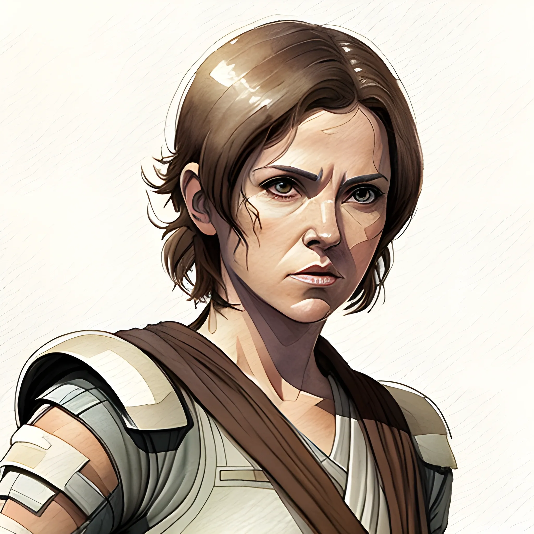 star wars, female, jedi, short hair, dark hair, almond eyes, middle aged, athletic, relaxed, Water Color