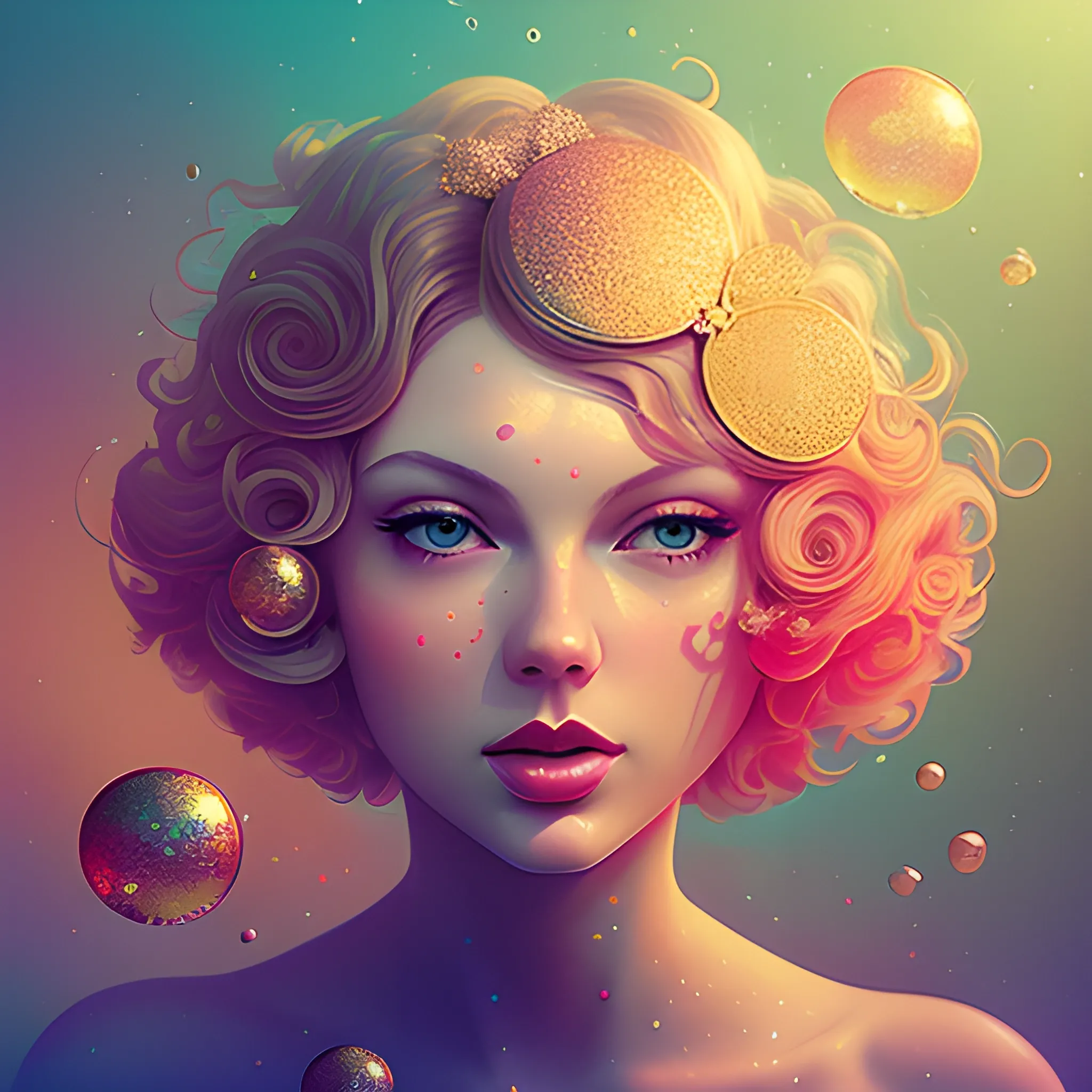 Flowery beautiful face like Taylor swift with gold jewellery, by petros afshar, ross tran, Tom Bagshaw, tom whalen, underwater bubbly psychedelic clouds, Anaglyph 3D lens blur effect