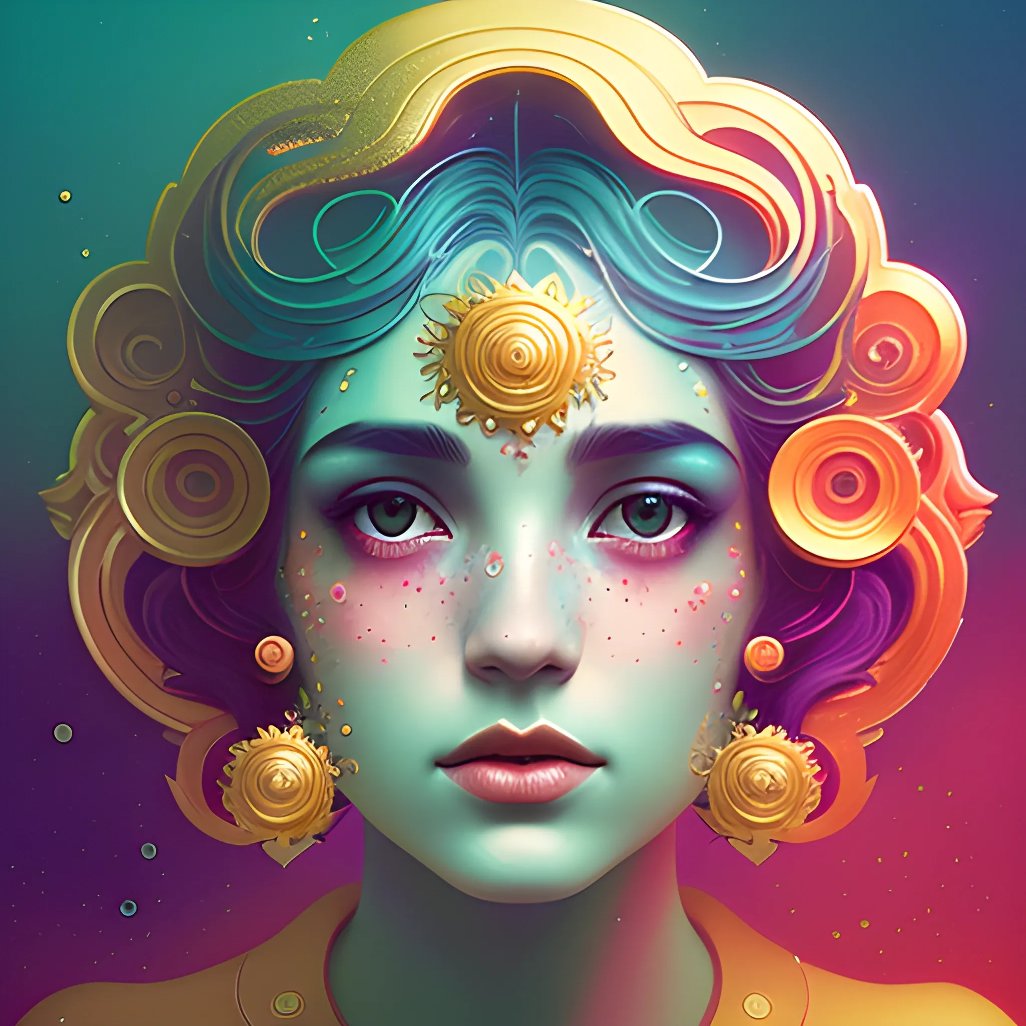 Flowery beautiful face with gold jewellery, by petros afshar, ross tran, Tom Bagshaw, tom whalen, underwater bubbly psychedelic clouds, Anaglyph 3D lens blur effect