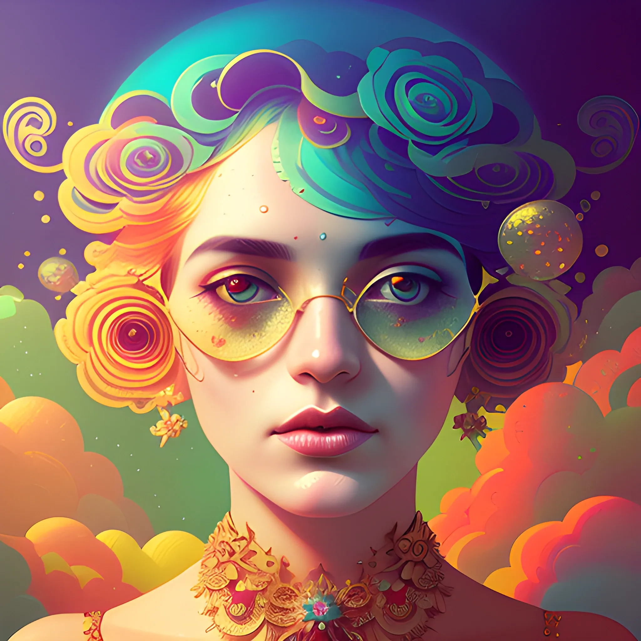 Flowery beautiful face with gold jewellery, by petros afshar, ross tran, Tom Bagshaw, tom whalen, underwater bubbly psychedelic clouds, Anaglyph 3D lens blur effect