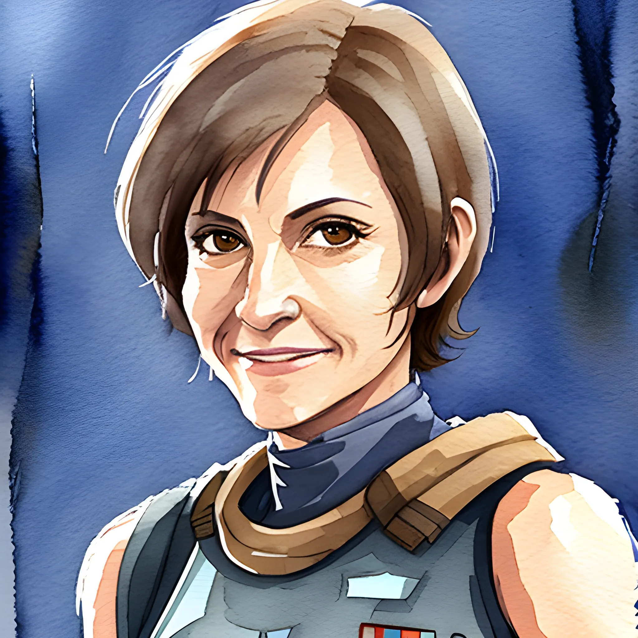 star wars, female, 40 years old, jedi, short hair, dark hair, almond eyes, athletic, grinning, relaxed, Water Color