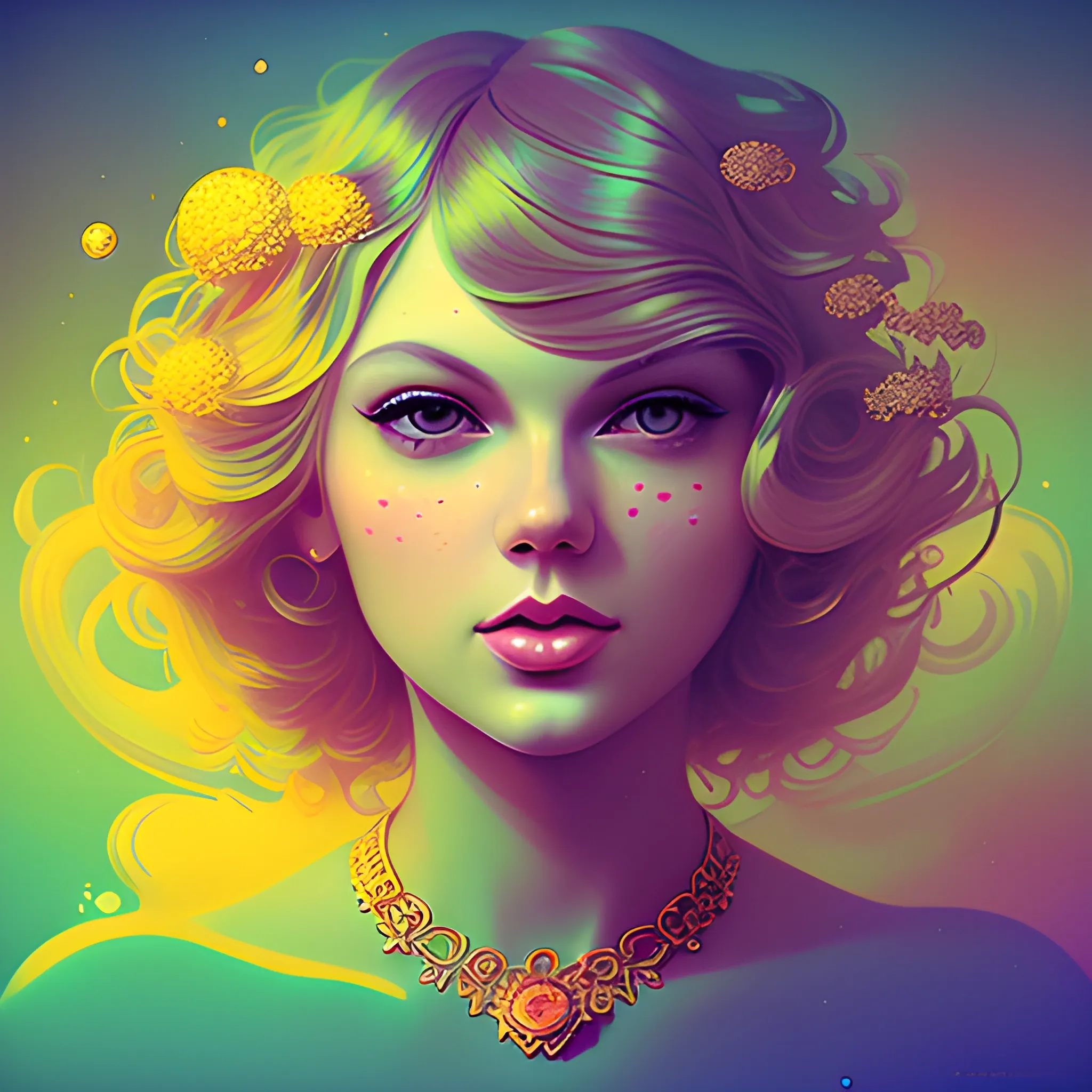 Flowery beautiful face like Taylor swift with a loving expression 
with gold jewellery, by petros afshar, ross tran, Tom Bagshaw, tom whalen, underwater bubbly psychedelic clouds, Anaglyph 3D lens blur effect