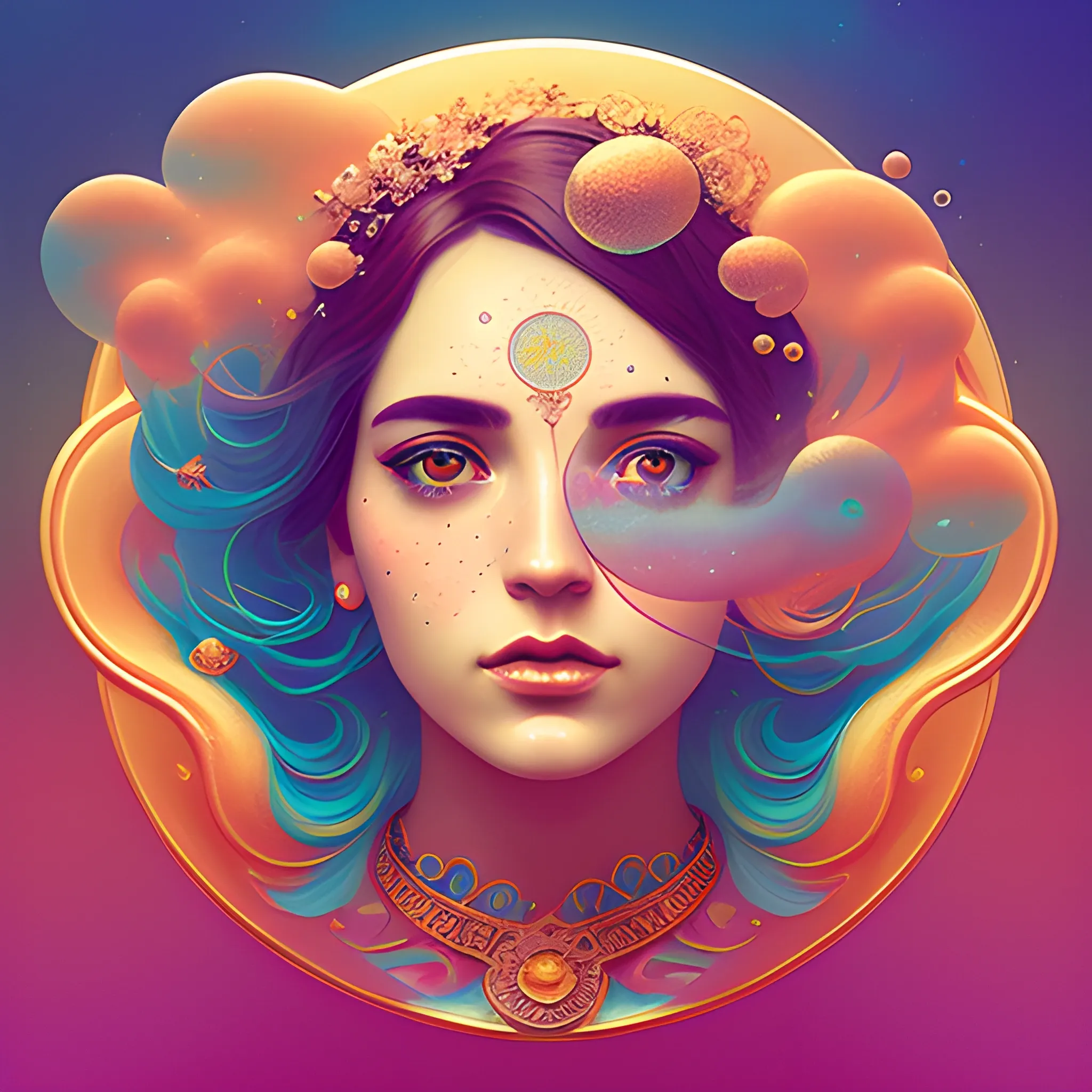 Flowery beautiful face with gold jewellery, by petros afshar, ross tran, Tom Bagshaw, tom whalen, underwater bubbly psychedelic clouds, Anaglyph 3D lens blur effect